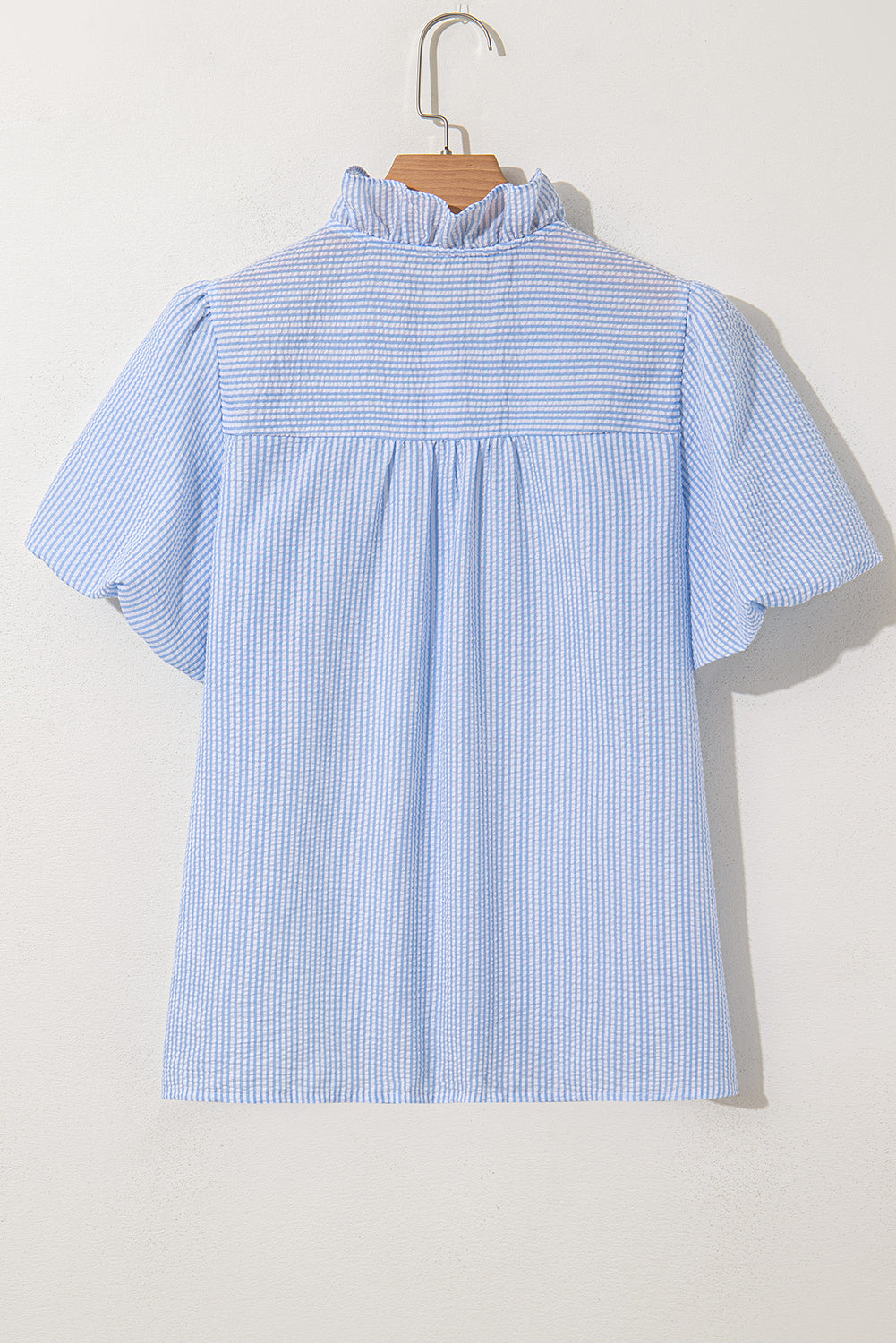 Stripe Ruffle Short Bubble Sleeve Loose Fit Shirt