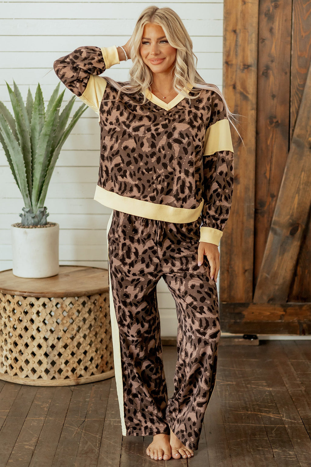 Leopard Colorblock Top & Wide Leg Pants Set
