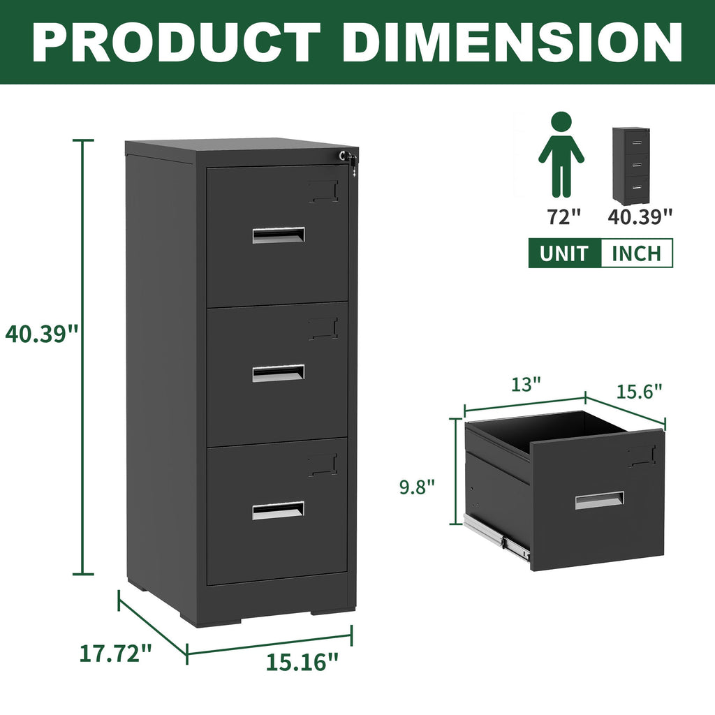 Metal Vertical File Cabinet with Lock and Card Slot for A4 Legal/Letter Size, Black, Durable Steel, 40.4H x 17.7W x 15.2L inches