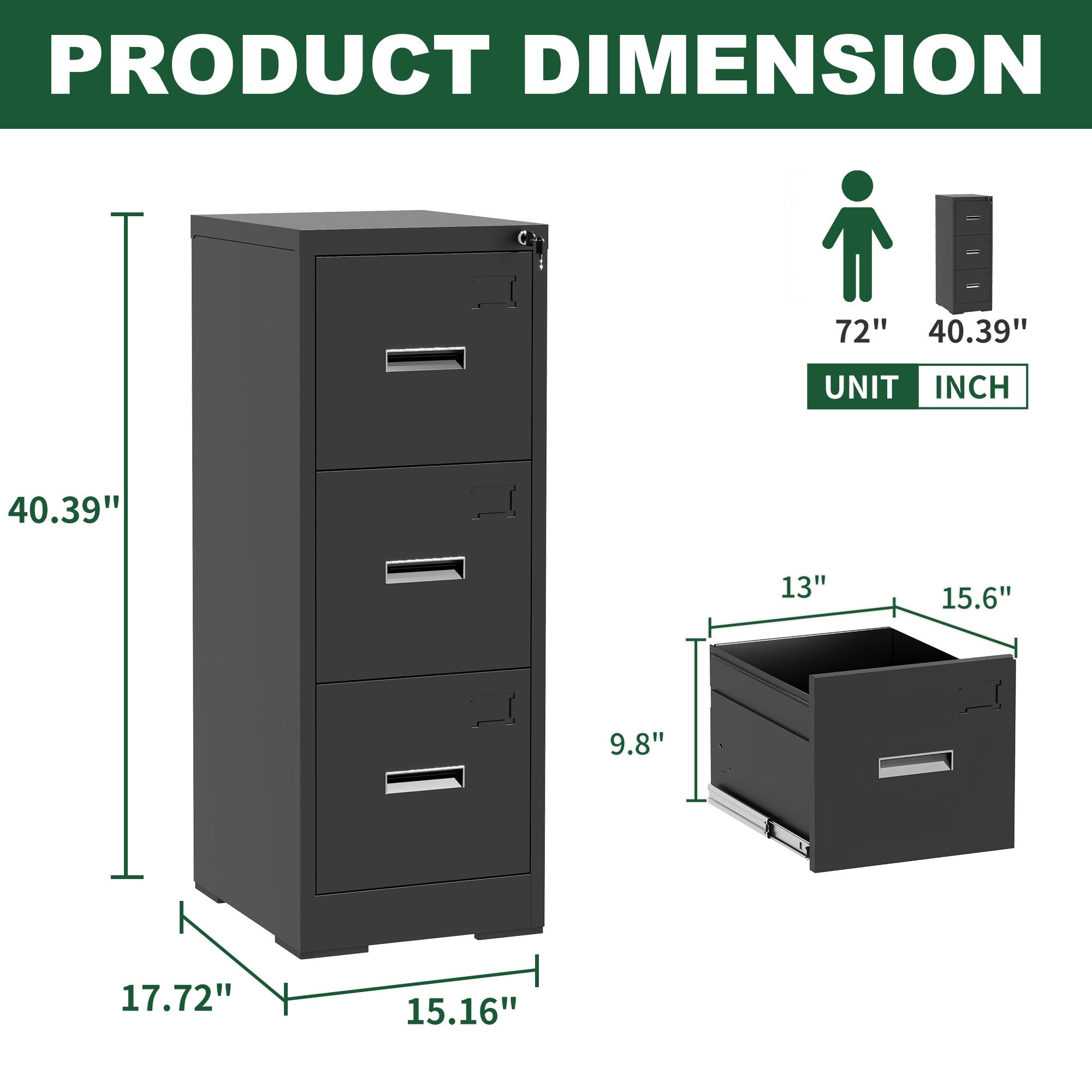 Metal Vertical File Cabinet with Lock and Card Slot for A4 Legal/Letter Size, Black, Durable Steel, 40.4H x 17.7W x 15.2L inches
