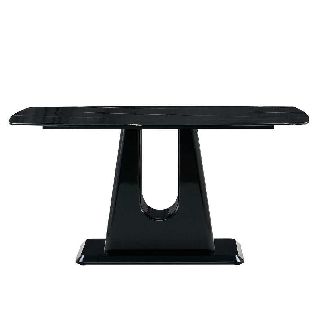 A modern, minimalist, and luxurious table. A black imitation marble tabletop with MDF U-shaped legs. Dining table, computer table. For restaurants and living rooms 63' * 35.4'* 30' F-U