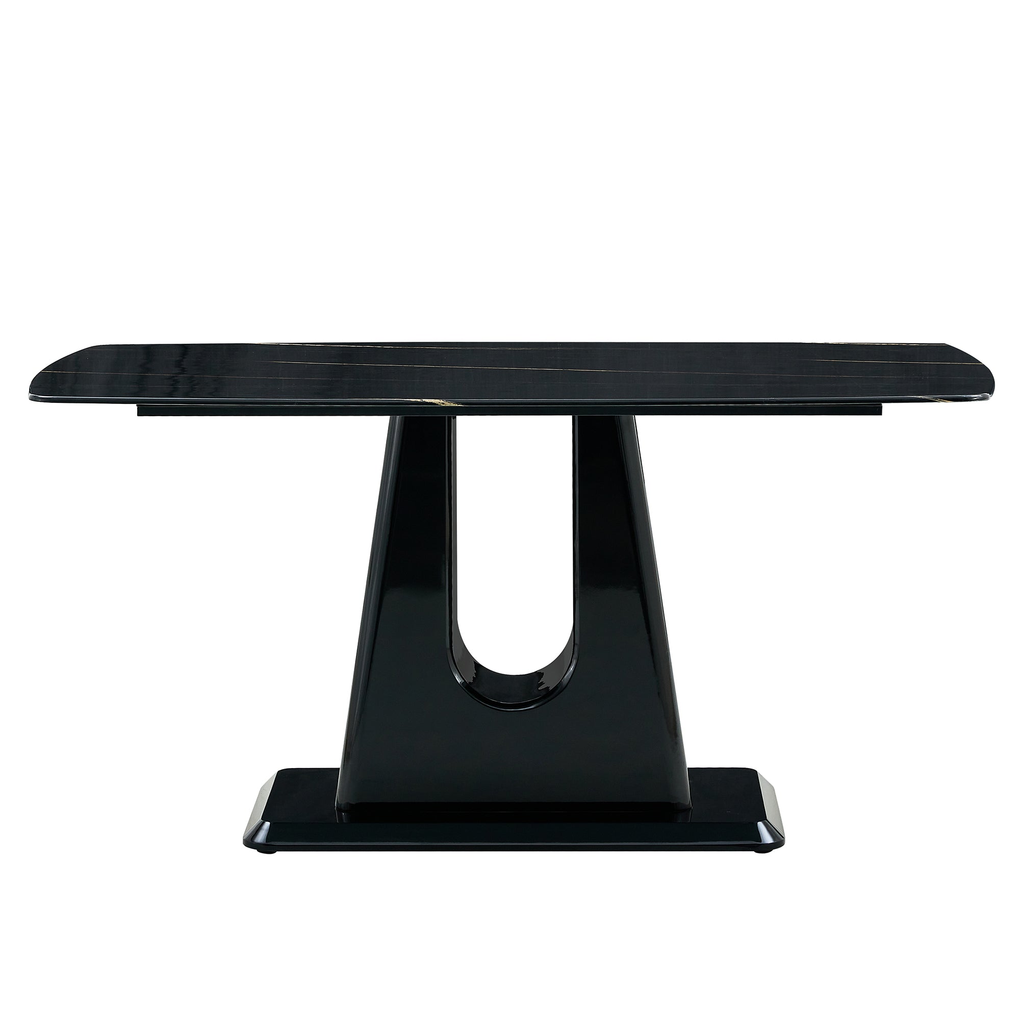 A modern, minimalist, and luxurious table. A black imitation marble tabletop with MDF U-shaped legs. Dining table, computer table. For restaurants and living rooms 63' * 35.4'* 30' F-U