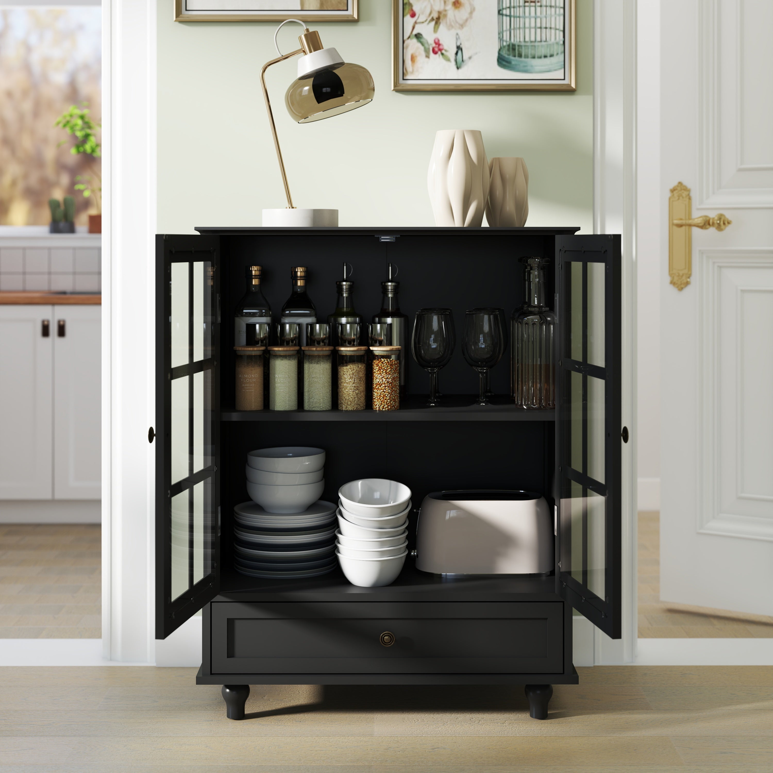Minimalist Buffet Cabinet with Double Glass Doors and Drawer, Modern Wooden Storage Sideboard in Black