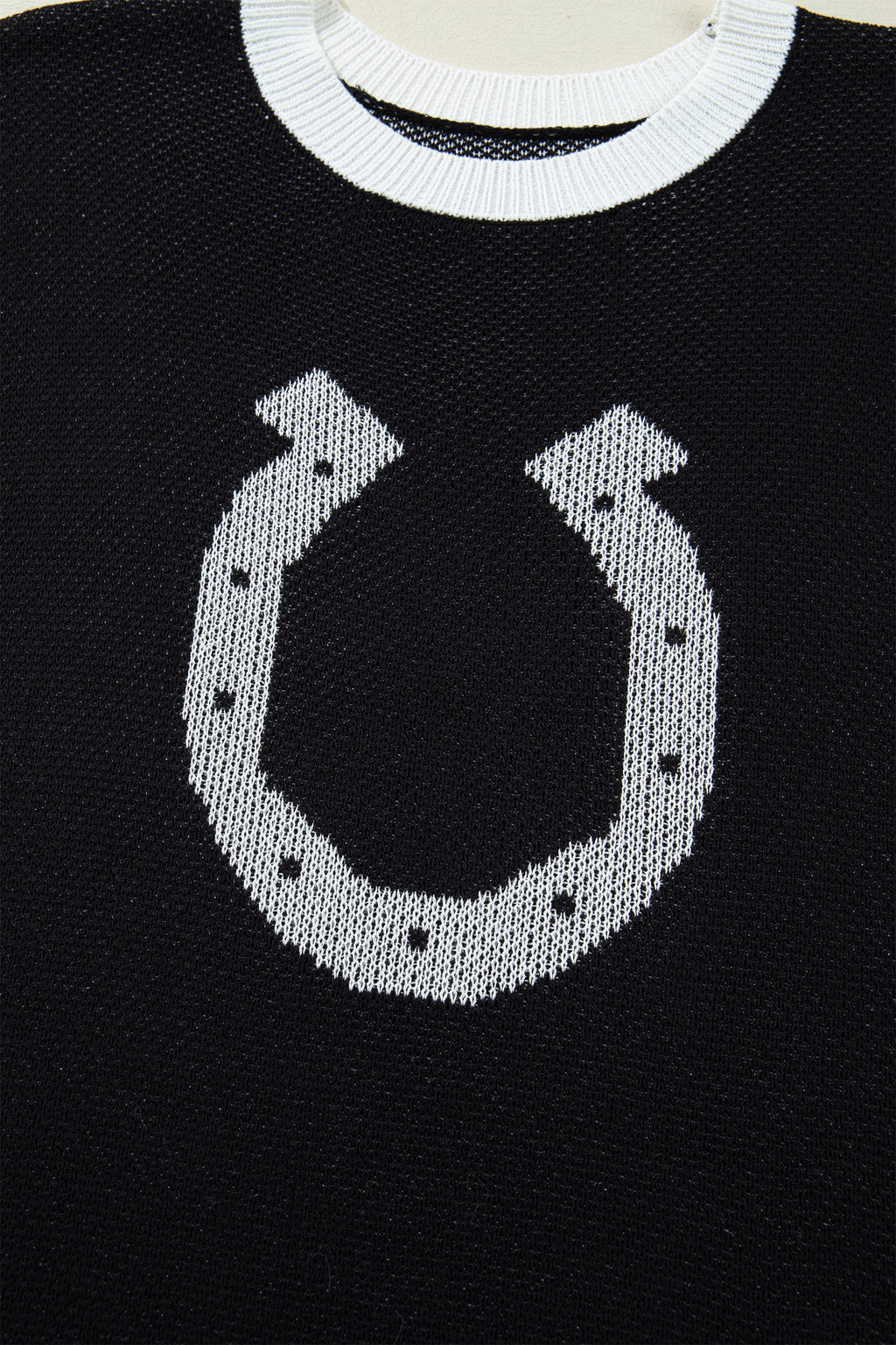 Western Horseshoe Contrast Trim Short Sleeve Sweater