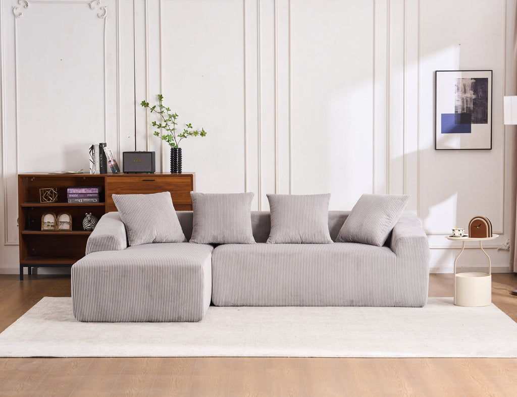 LY-023 LIGHT GREY COMPRESSION SOFA: Combining chaise longue with 3-seater, Corduroy Fabric, full sponge compression sofa,combined sofa with 4 pillows for living/ Home Furniture/ Apartment