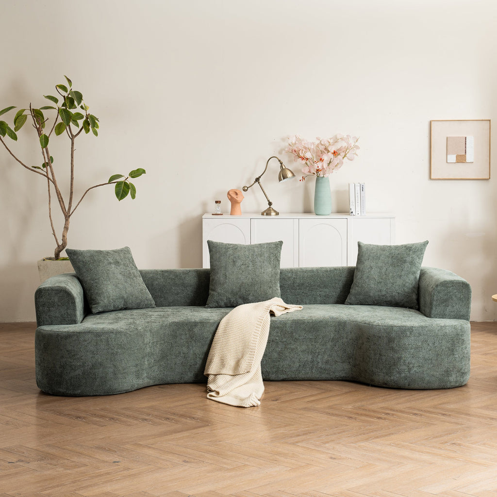 Modern Style Green Curved Sofa, Soft Corduroy Sofa with 3 Pillows, Living Room Milky White Ultra Smooth Curved Fabric Sofa