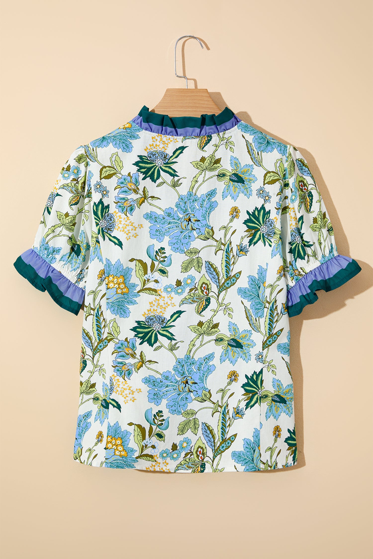 Floral Contrast Frill Stripe Trim Blouse