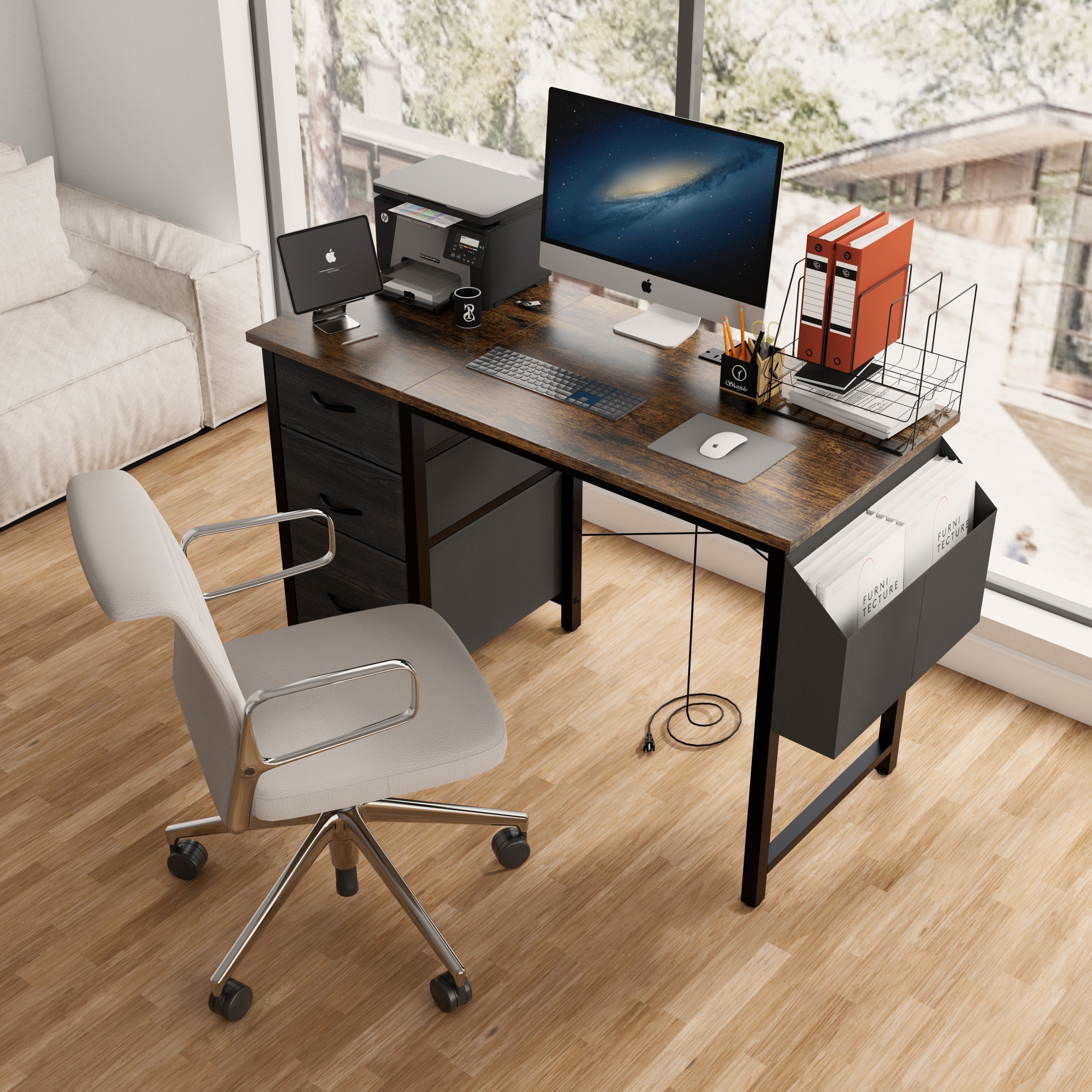 47.3'office desk with power outlet,3drawers and Side Pocket, Easy to Assemble,Frame stability Reversible for Home Office Study,Rustic Brown