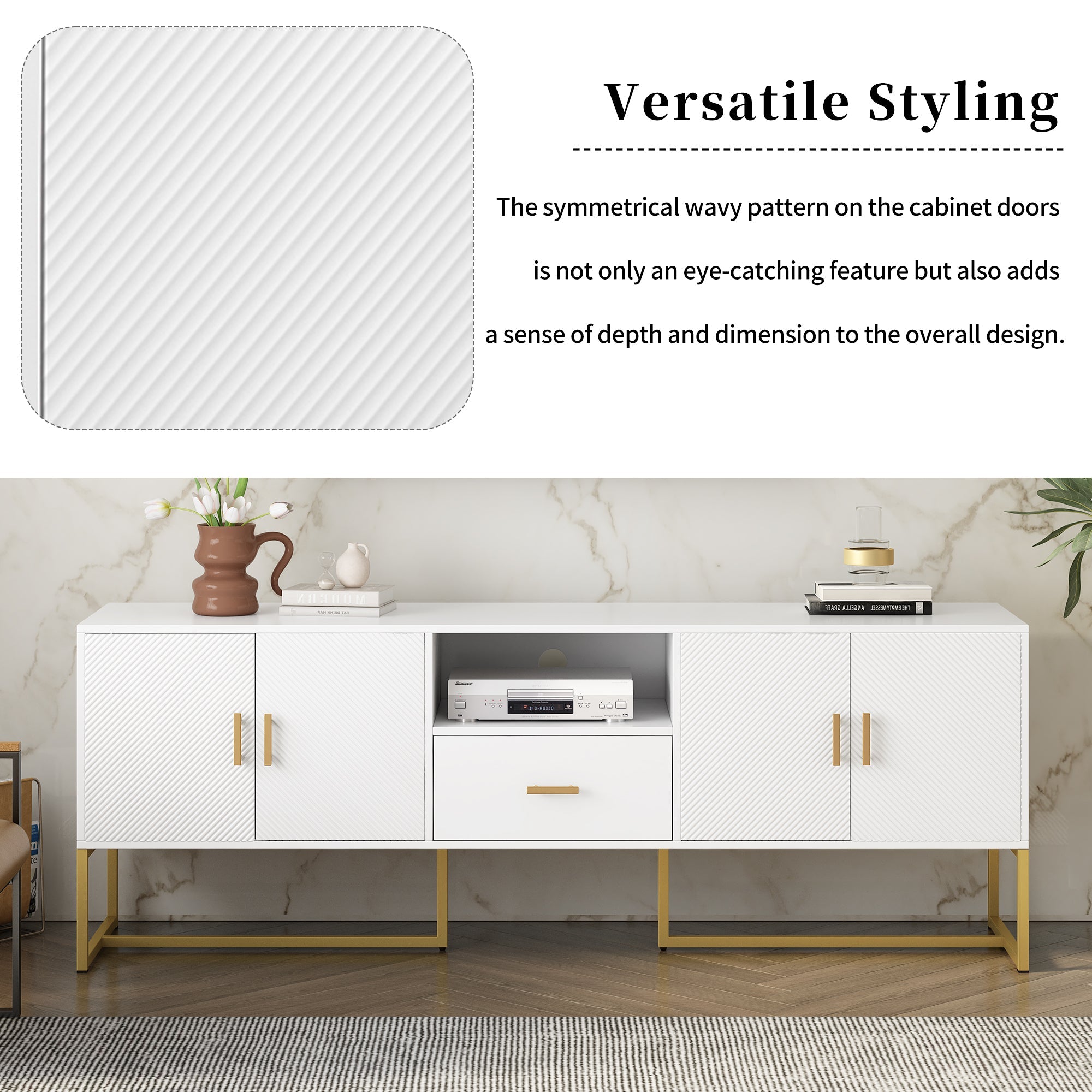 U-Can Modern TV Stand for TV up to 70 Inches,TV Cabinet with 1 Drawer, 2 Cabinets and Metal Legs, Handles and Anti-tip Device for Living room