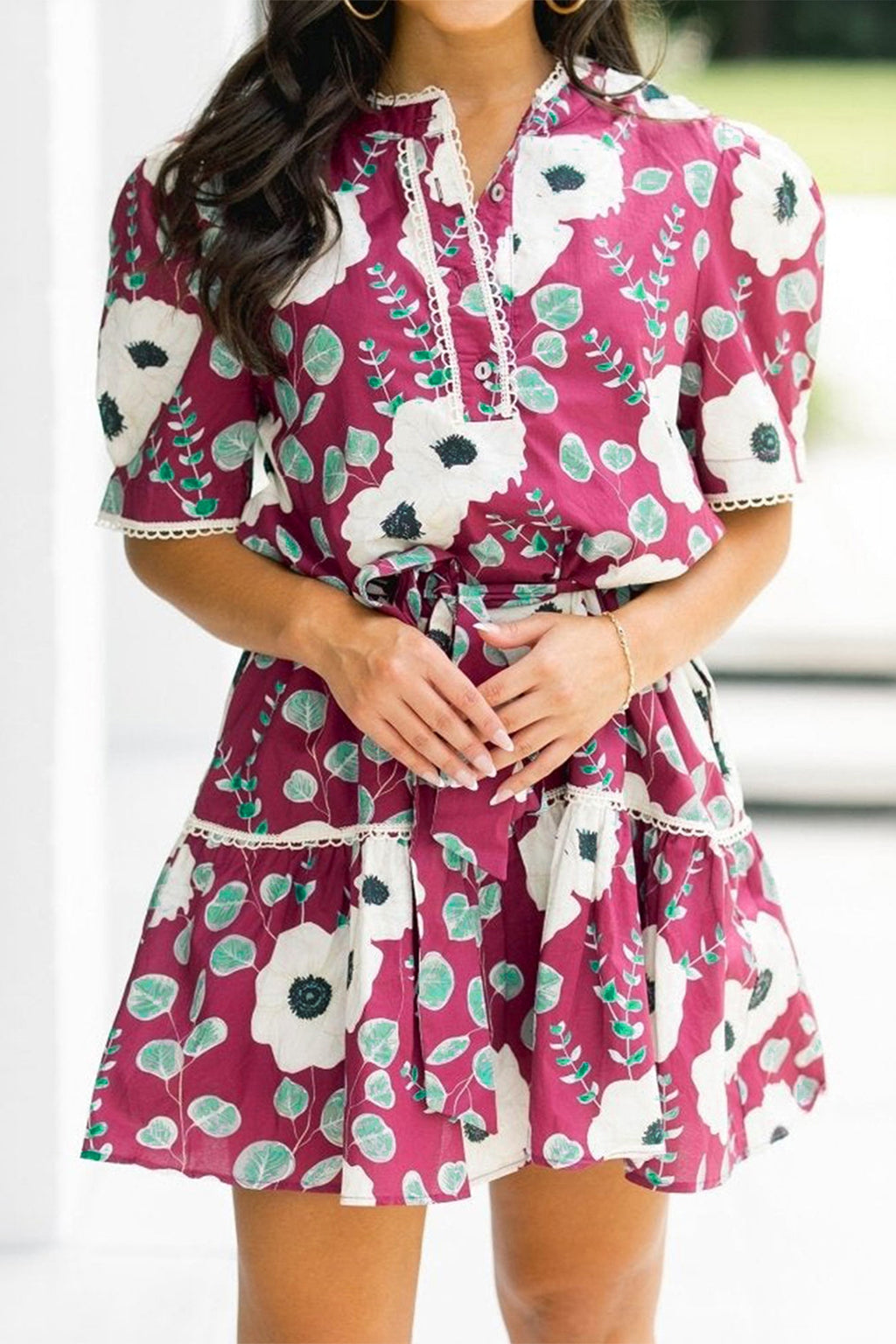 Floral Short Puff Sleeve Belted Mini Dress