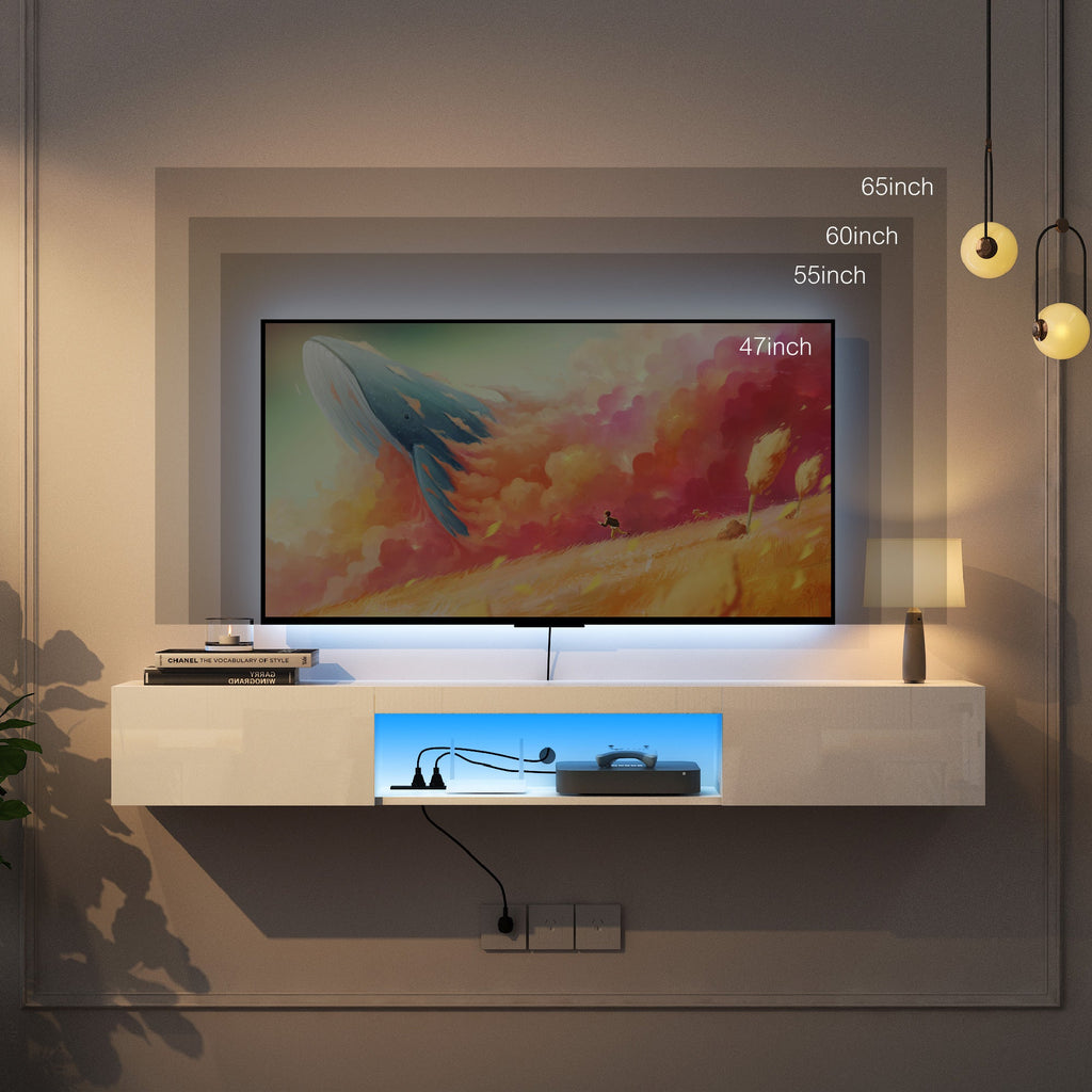 Floating TV Stand Wall Mounted with 16 Color LEDs,63' Modern TV Stand,Floating TV Cabinet Entertainment Center for 55 60 65 Inch TV,White