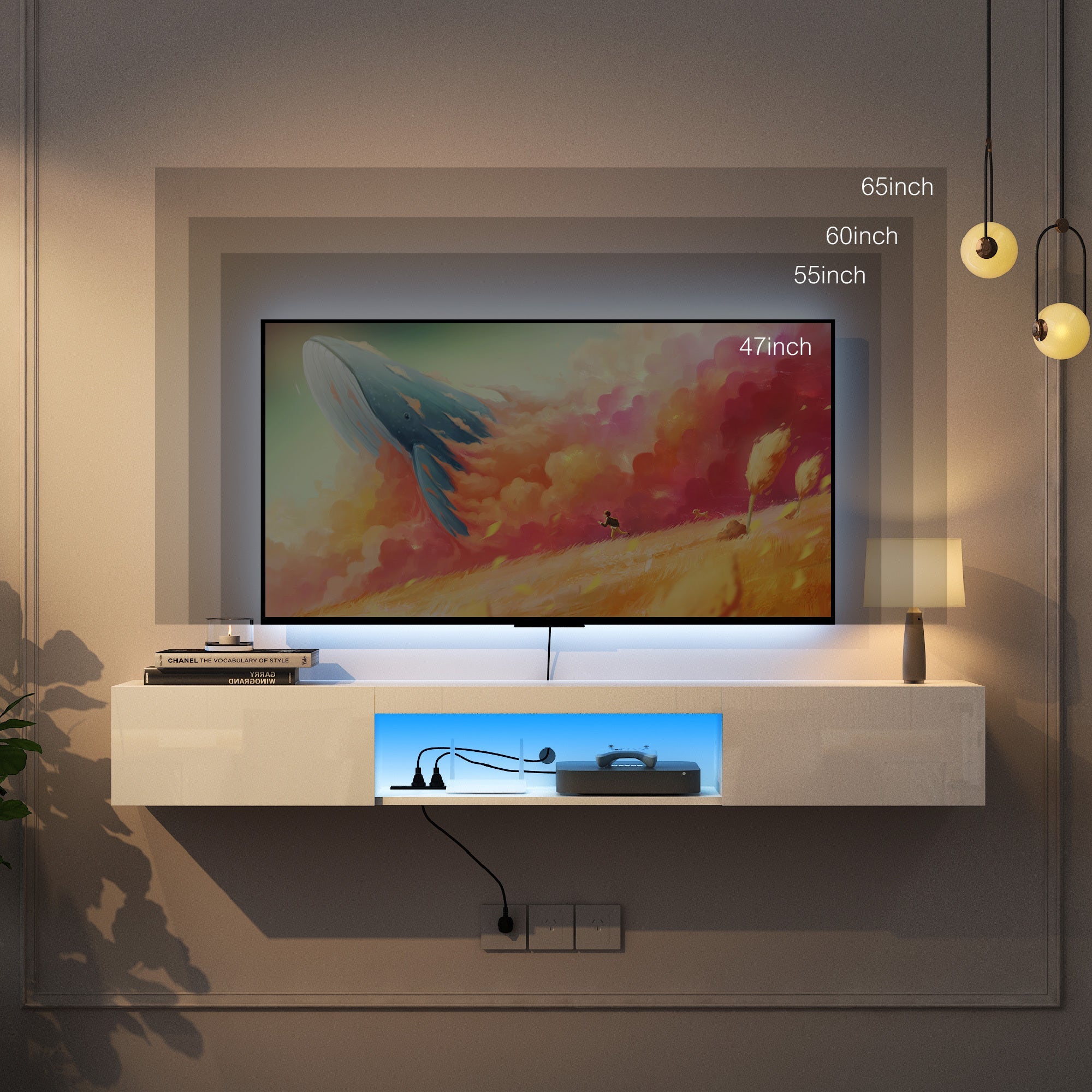 Floating TV Stand Wall Mounted with 16 Color LEDs,63' Modern TV Stand,Floating TV Cabinet Entertainment Center for 55 60 65 Inch TV,White