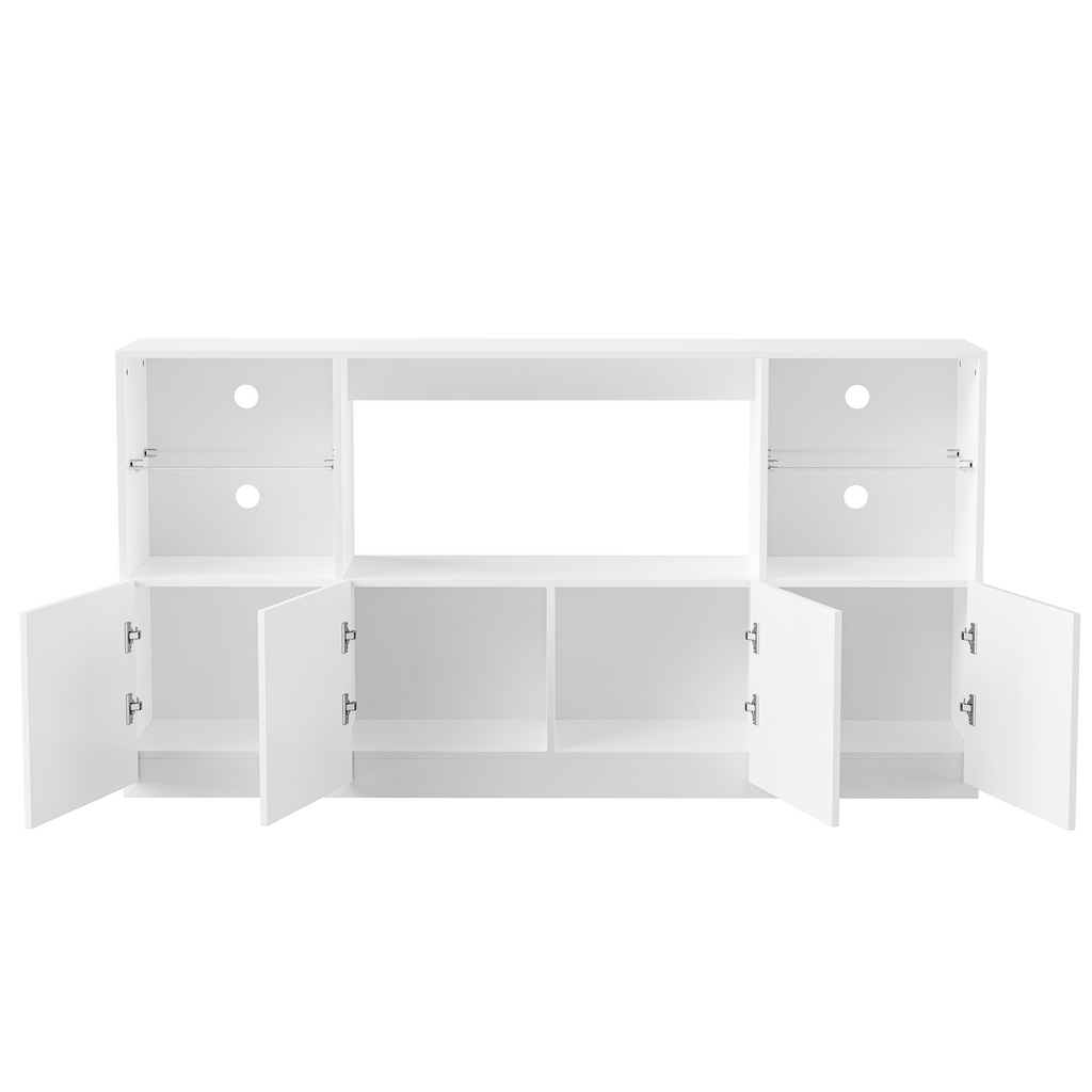 ON-TREND High Gloss TV Stand with LED Lights, Modern Sideboard with Large Storage Cabinet, Media Console with Tempered Glass Shelves for TVs up to 75', Living Room, White, 67'Wx13.7'D