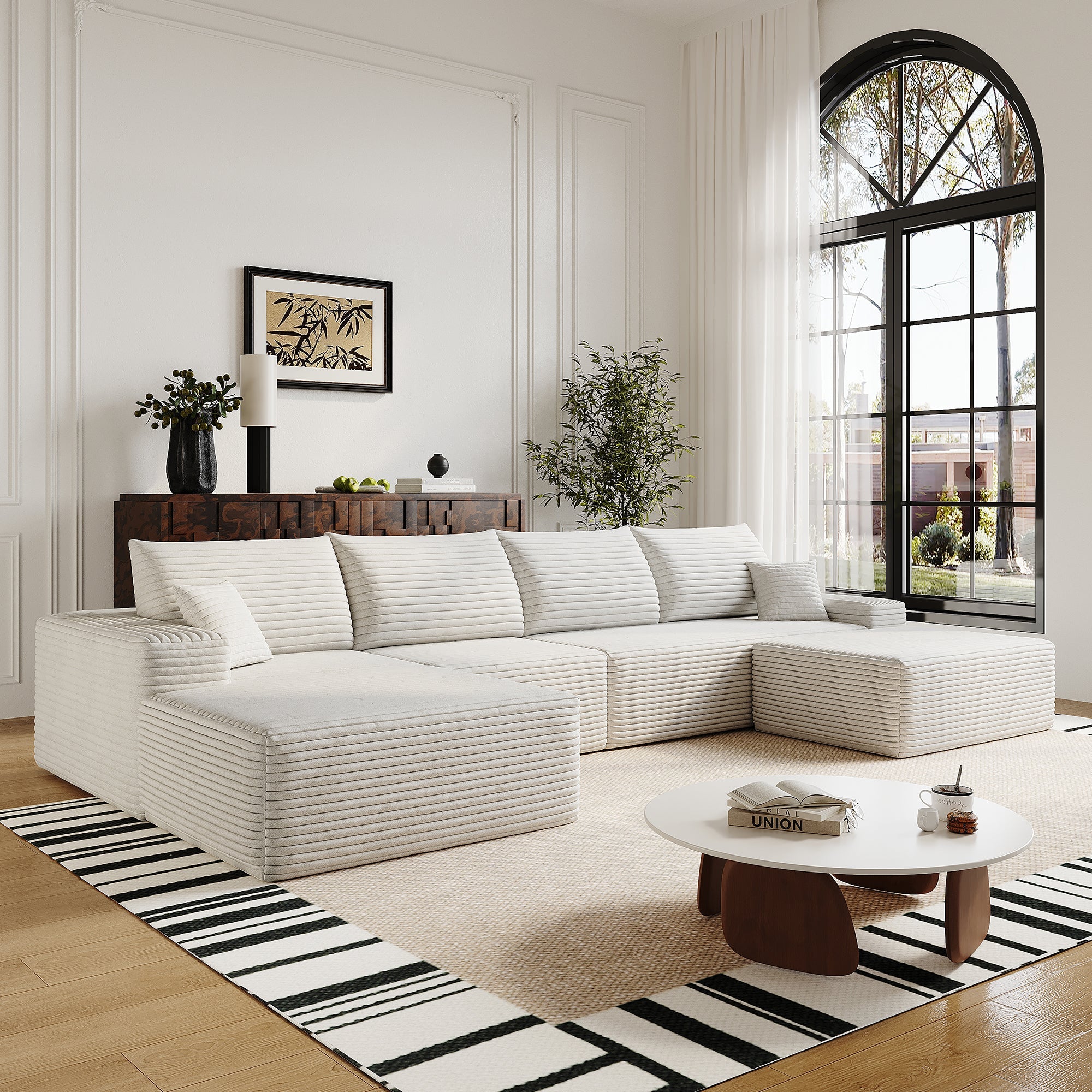 135' Cloud Sectional Sofa with 1 Ottoman,Modern Minimalist Upholstered Couches, Comfort U Shaped Sofa for Living Room,Deep Seat Corner Couch,No Assembly Required,Black (Plush Corduroy Fabric),White