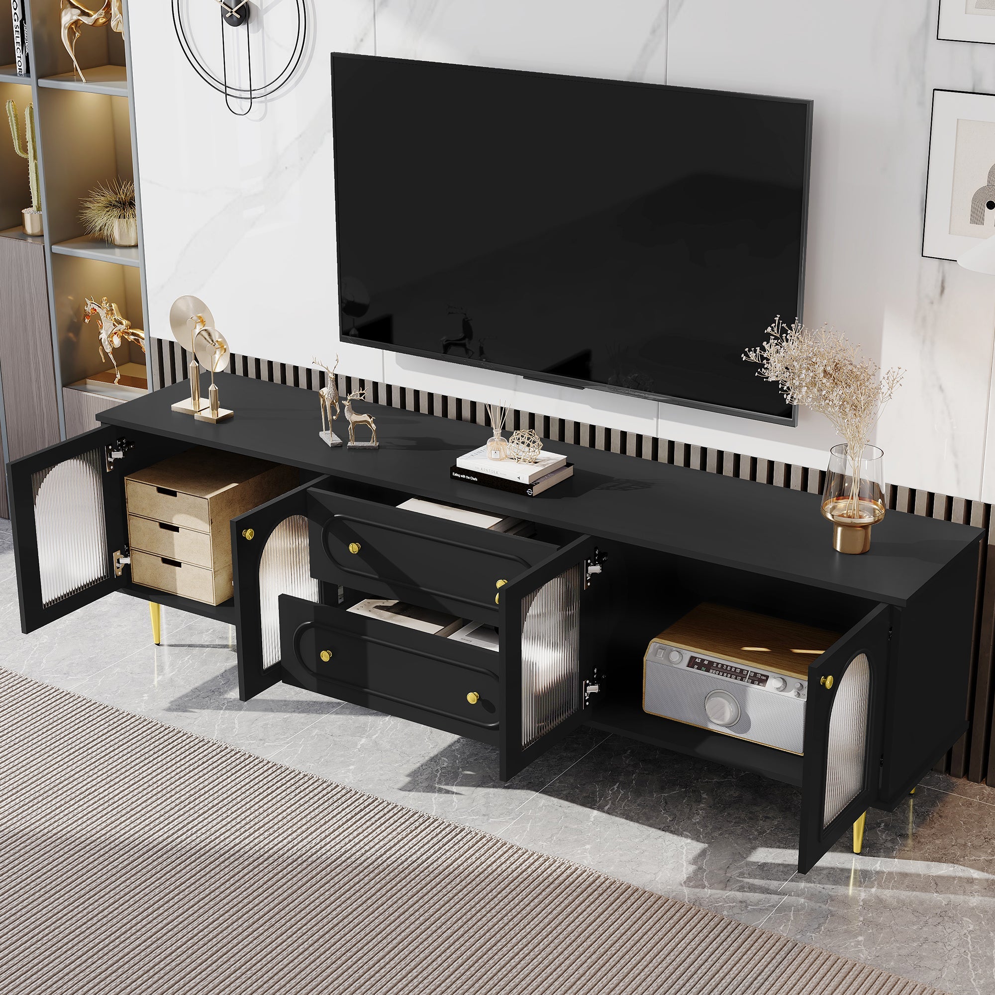 U-Can 78.7'' Modern TV Stand, TV Cabinet with Five Metal Legs and Metal Handles, 2 Drawers and 2 Cabinets with Fluted Glass Doors For Living room, Up to 80'' (Old SKU: SJ000122AAB)