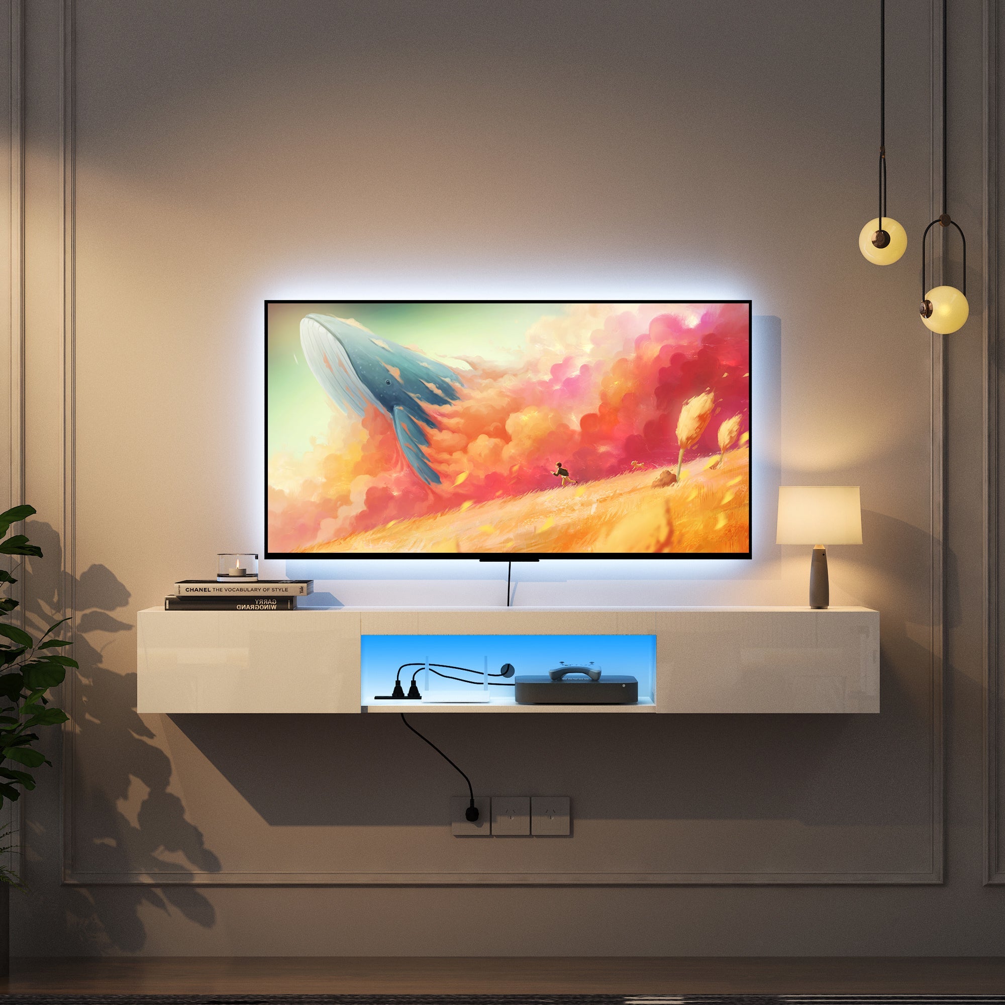 Floating TV Stand Wall Mounted with 16 Color LEDs,63' Modern TV Stand,Floating TV Cabinet Entertainment Center for 55 60 65 Inch TV,White