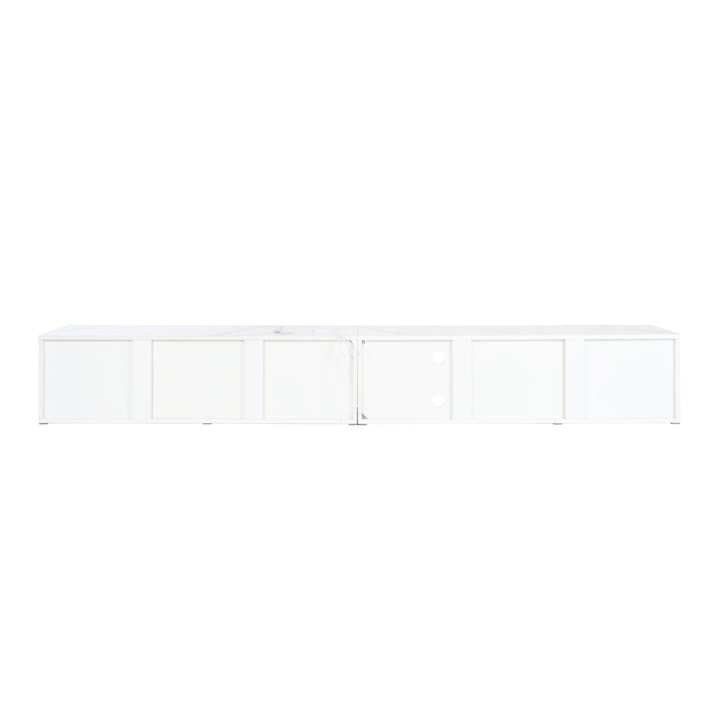 ON-TREND Modern APP Controlled LED TV Stand for TVs Up to 105'', Faux Marble Tabletop Media Console with Tempered Glass Doors, Entertainment Center with 2 Drawers & Cabinets for Living Room, White