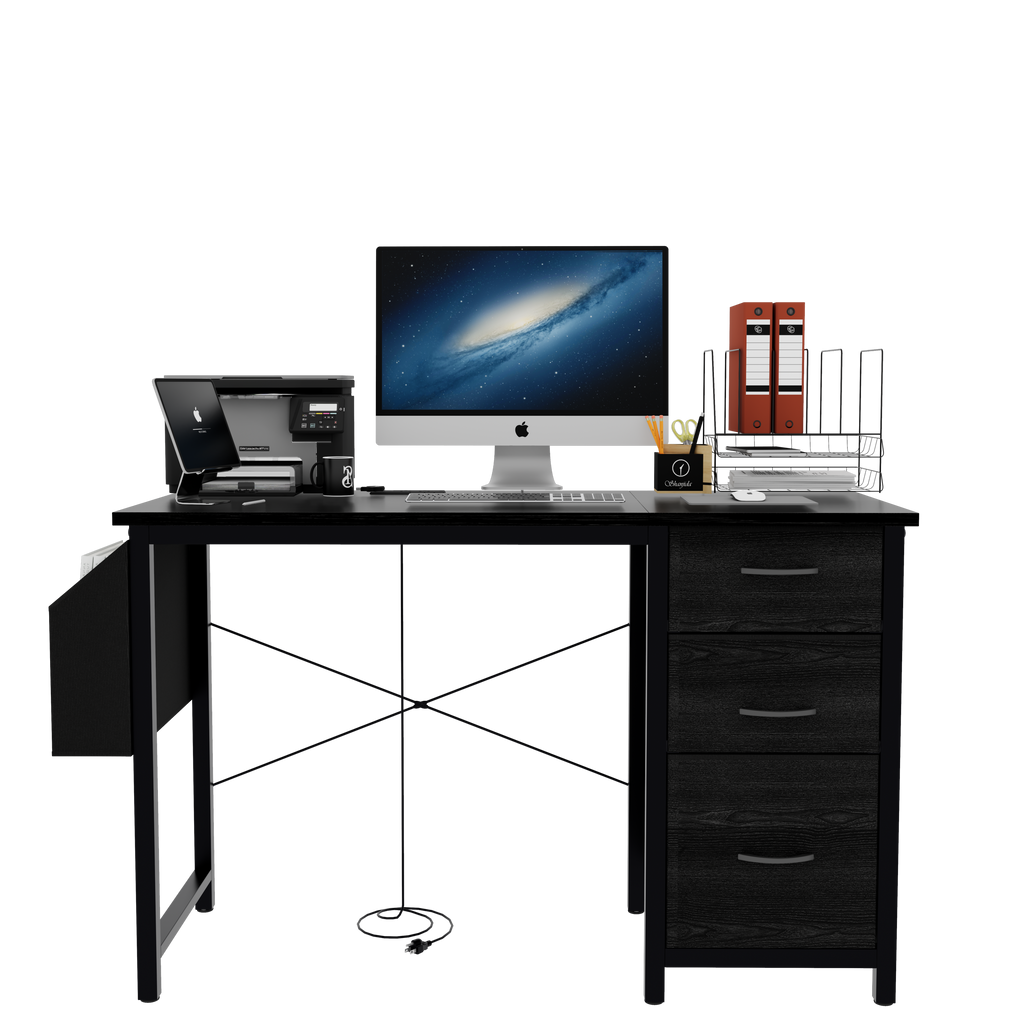 47.3'office desk with power outlet,3 drawers,Large Side Pocket, Desk Easy to Assemble,Frame stability Reversible,  for home desk, computer desk, game table,Writing desk,Vanity table, black