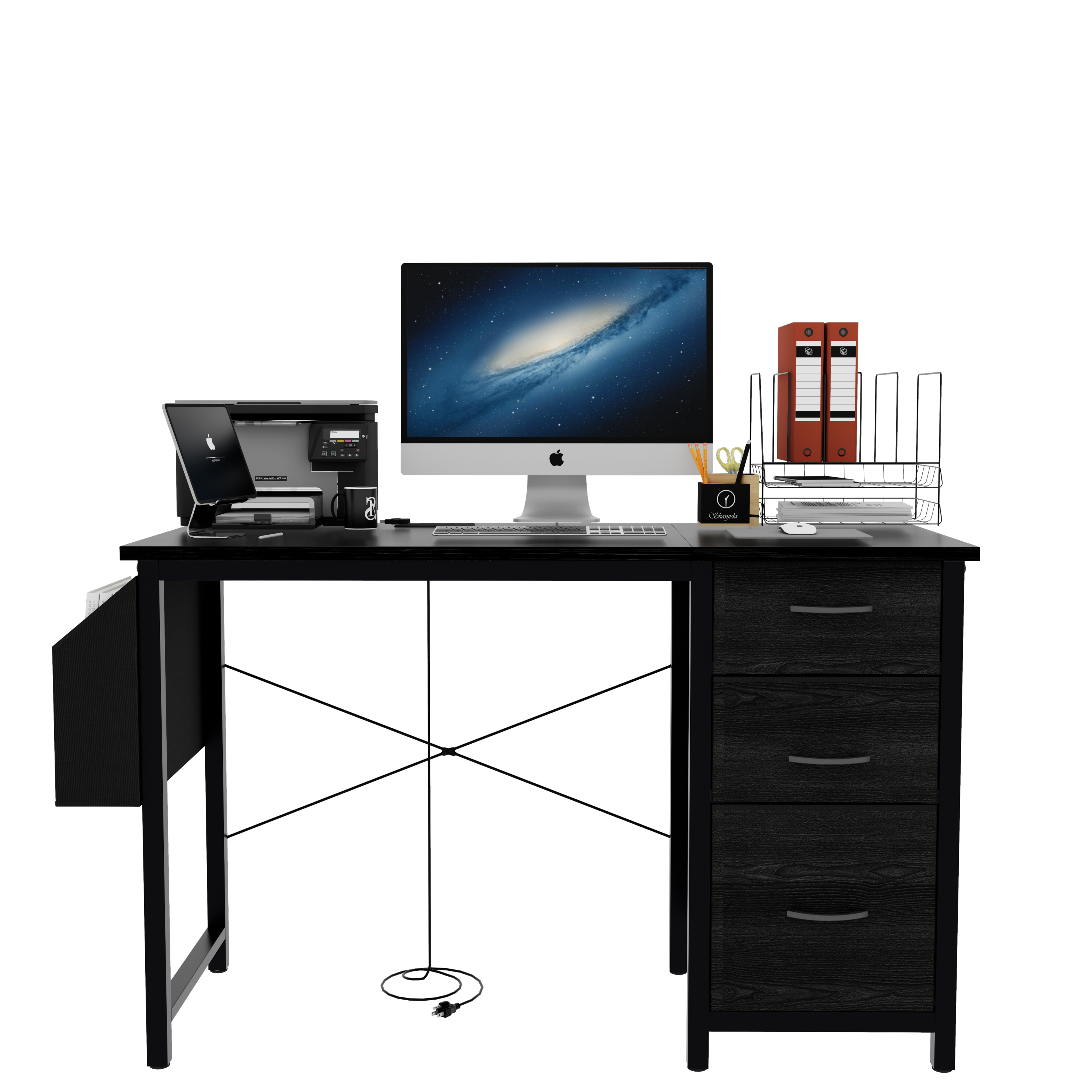 47.3'office desk with power outlet,3 drawers,Large Side Pocket, Desk Easy to Assemble,Frame stability Reversible,  for home desk, computer desk, game table,Writing desk,Vanity table, black