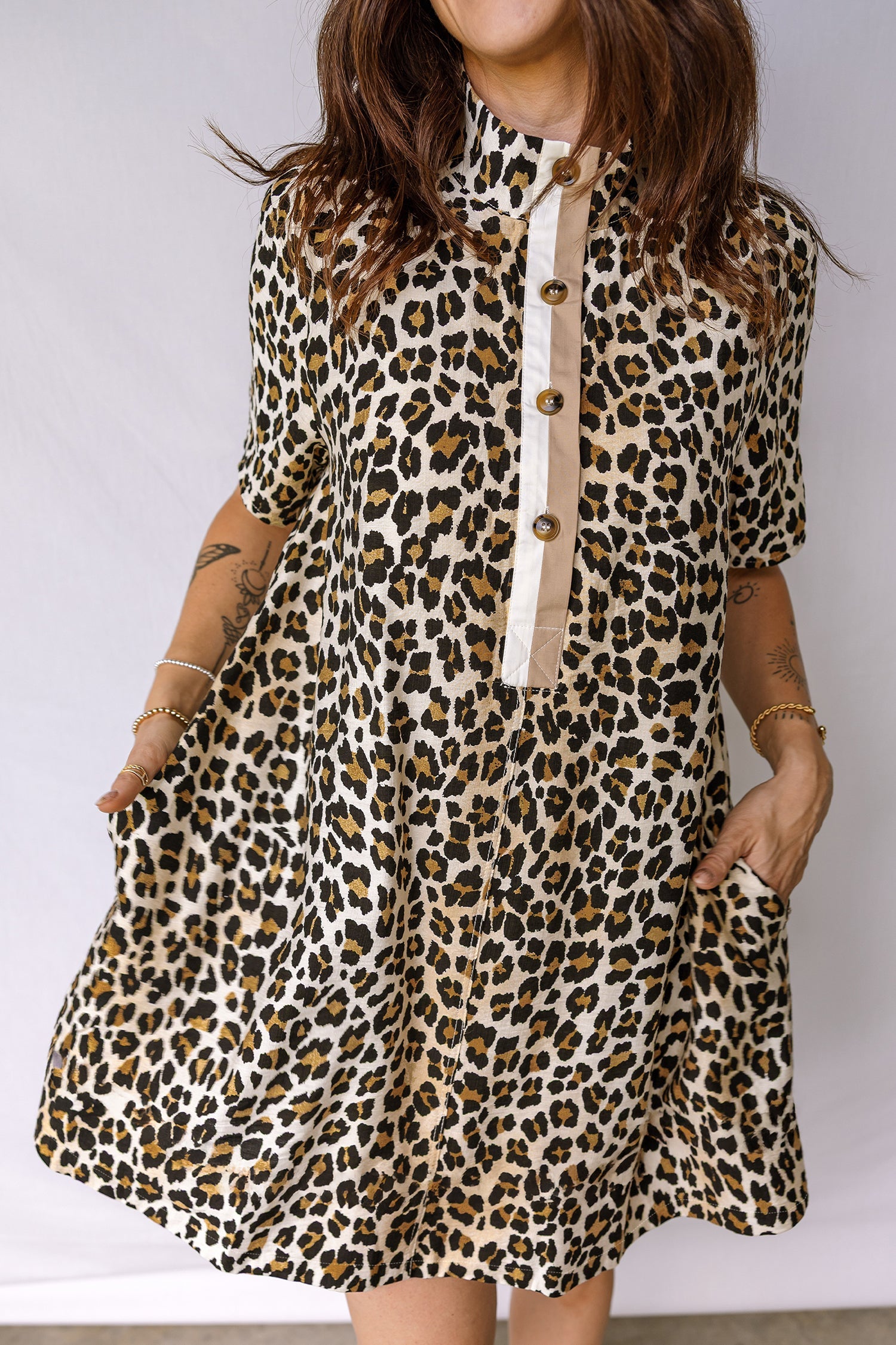 Leopard Half Buttoned Short Sleeve Mini Dress