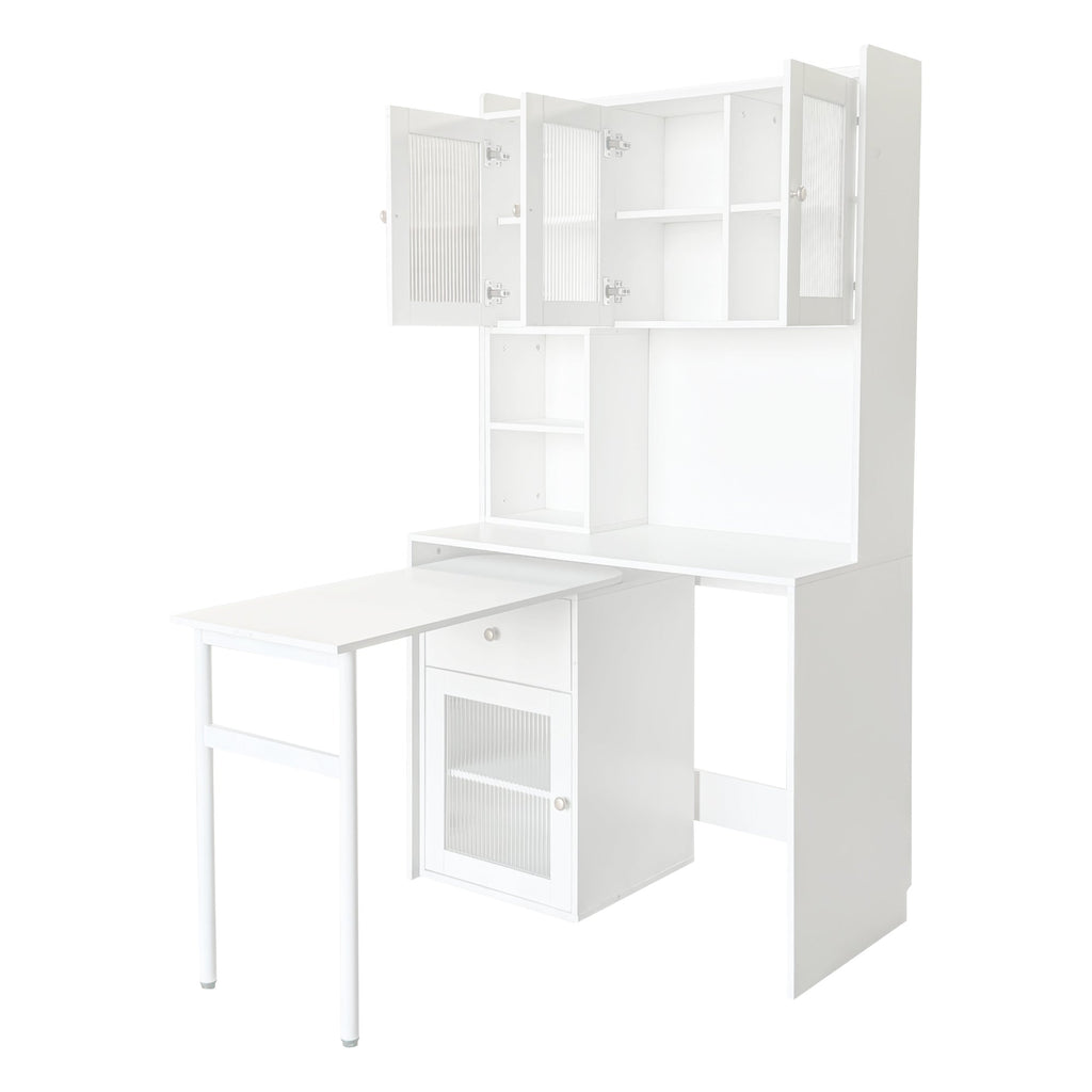 Computer Desk with glass door for Home Office or Study desk,  Bookshelf & Hutch, Computer Desk with 90 Degree Rotating Desktop,Large Working Space