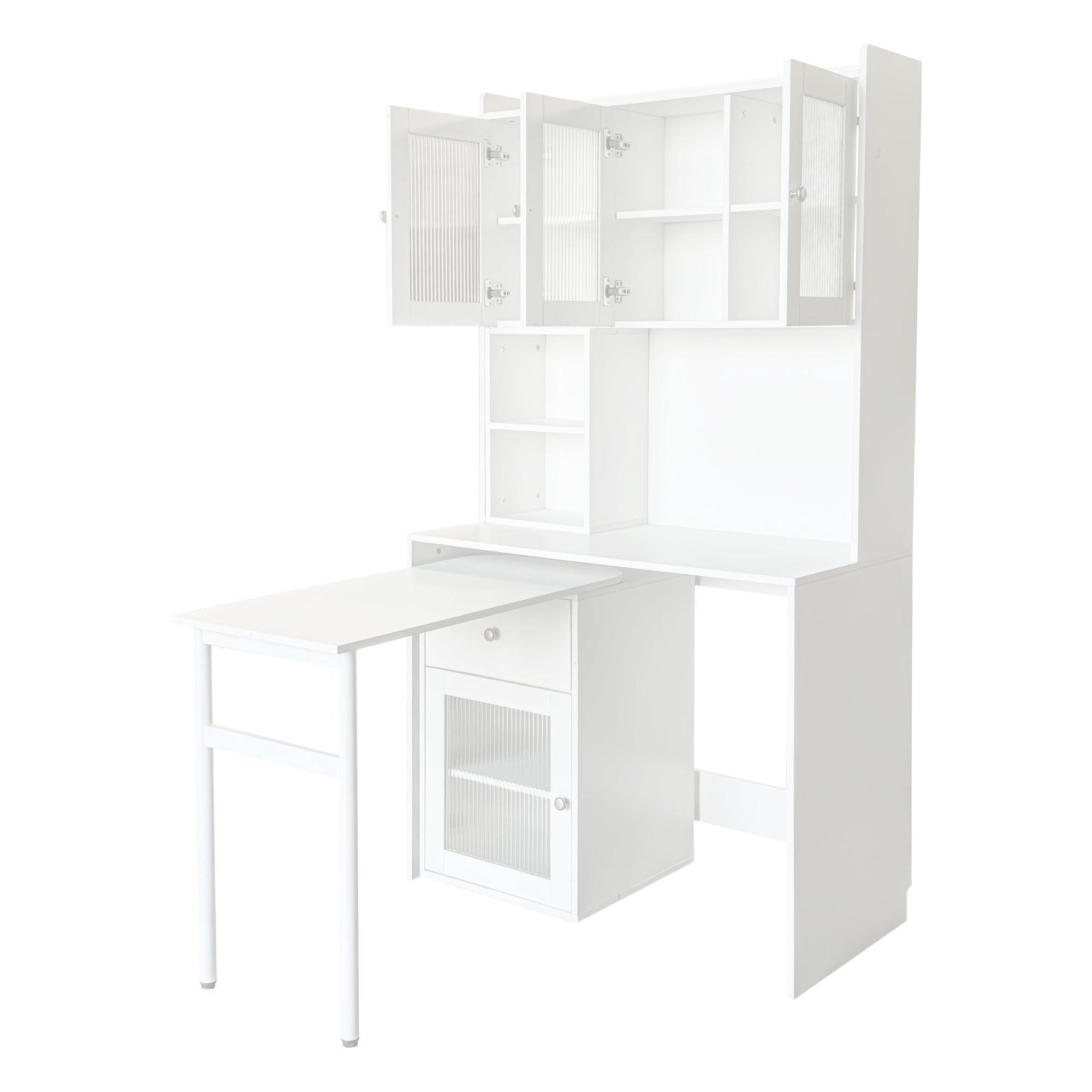 Computer Desk with glass door for Home Office or Study desk,  Bookshelf & Hutch, Computer Desk with 90 Degree Rotating Desktop,Large Working Space