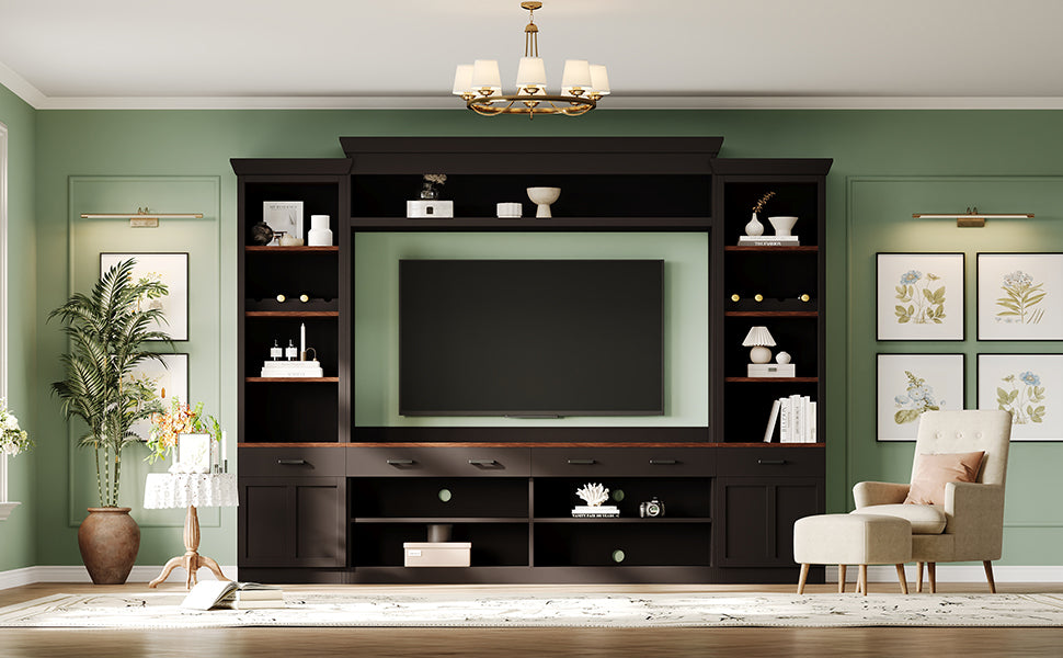 ON-TREND Farmhouse 4-Piece Entertainment Wall Unit Set with Bookshelf for TVs Up to 70', Walnut TV Stand with Adjustable Shelves, Mid-Century Large Media Console with Wine Rack for Living Room, Black