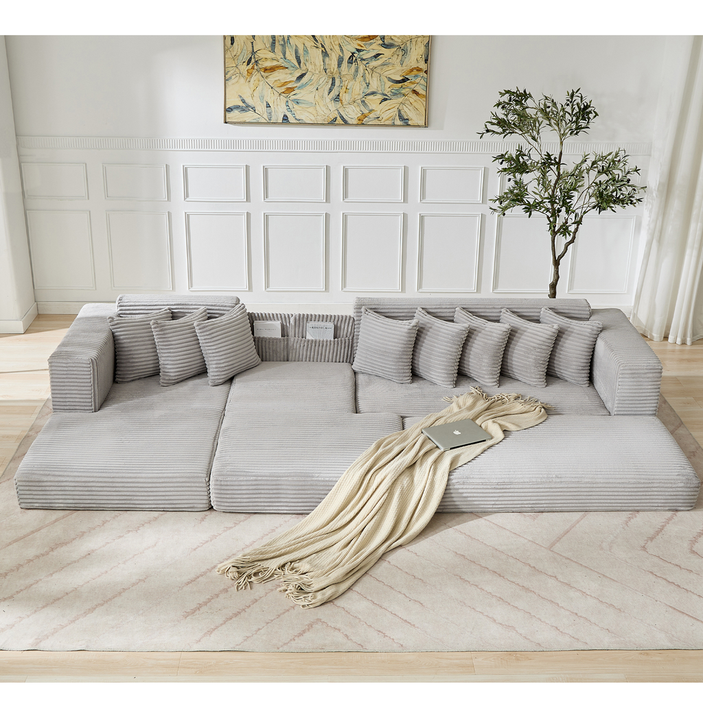 [NEW ARRIVED] [VIDEO PROVIDED]   Oversize Cloud Couch, L-Shape Sofa, Convertible Floor Sleeper Sofa Bed,  No Assembly ,Eight pillows,3-in-1,Side Pocket,(Left Facing Sofa),3 Seat,Corduroy,Light Gray