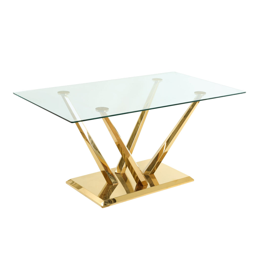 Modern style glass dining table, elegant transparent design, sturdy stainless steel base, White dining chair set, with gold-plated chair legs, suitable for dining room and kitchen (set of 7)