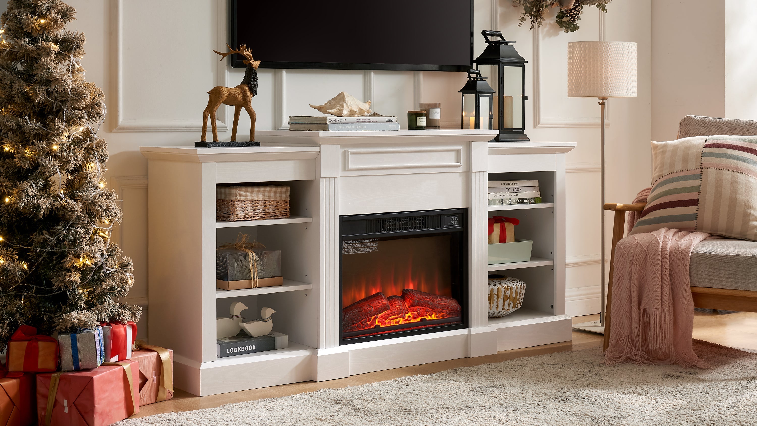Media Console Table with Large Storage Cabinet, with 23' Fireplace Insert, for TV Up to 70'', Modern TV Media Entertaionment Stand, White, 65.75'W*17'D*32.48'H