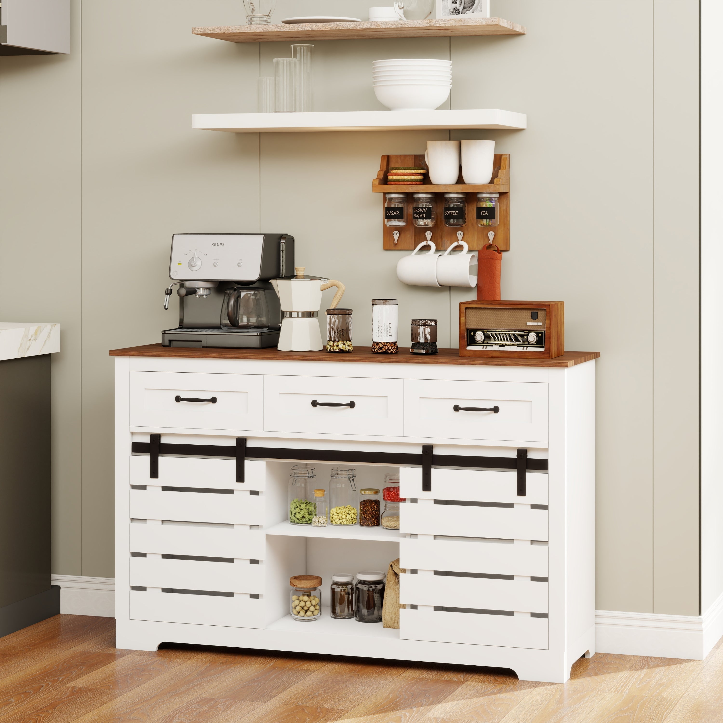 53' Farmhouse Sideboard Buffet Storage Cabinet with 3 Drawers, 2 Sliding Barn Doors, 2 Adjustable Shelves, Coffee Bar Cabinet for Kitchen, Living Room, Dining Room-White