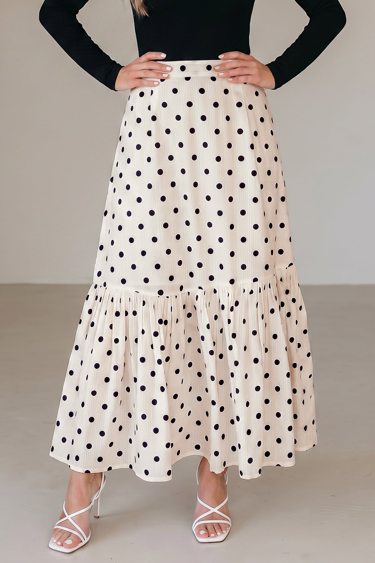 Polka Dot Ruffle Side Slit Maxi Skirt