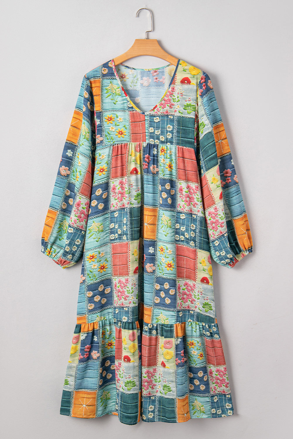 Floral Geometric Bubble Sleeve Ruffle Hem Dress