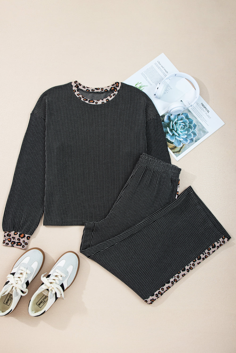 Leopard Contrast Trim Corded Knit Top & Pant Set