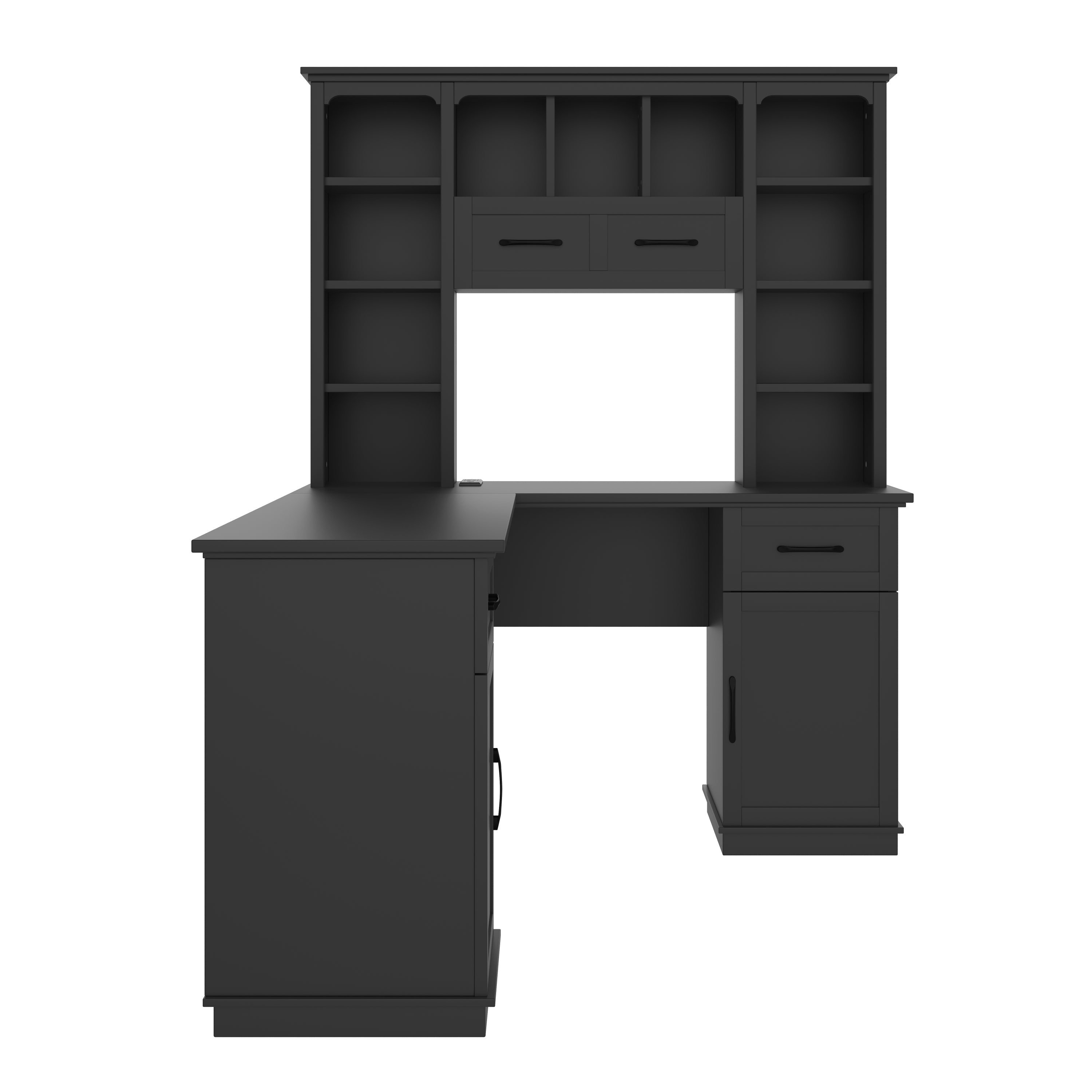 L-shaped computer desk with 2 cabinets and 2 drawers underneath the table, 11 open shelves and a flip-up shelf with storage on the right side, suitable for study, living room and office, Black