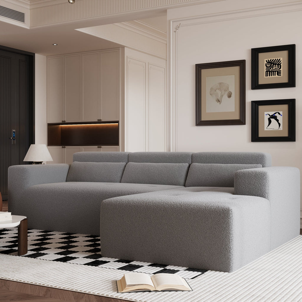109'' Modern Modular Sectional Sofa, Teddy Fabric L Shaped Couch, 3 Seat Corner Sofa Couch, Modern Upholstered Couch with Chaise & Pillows for Living Room Apartment, No Assembly Required