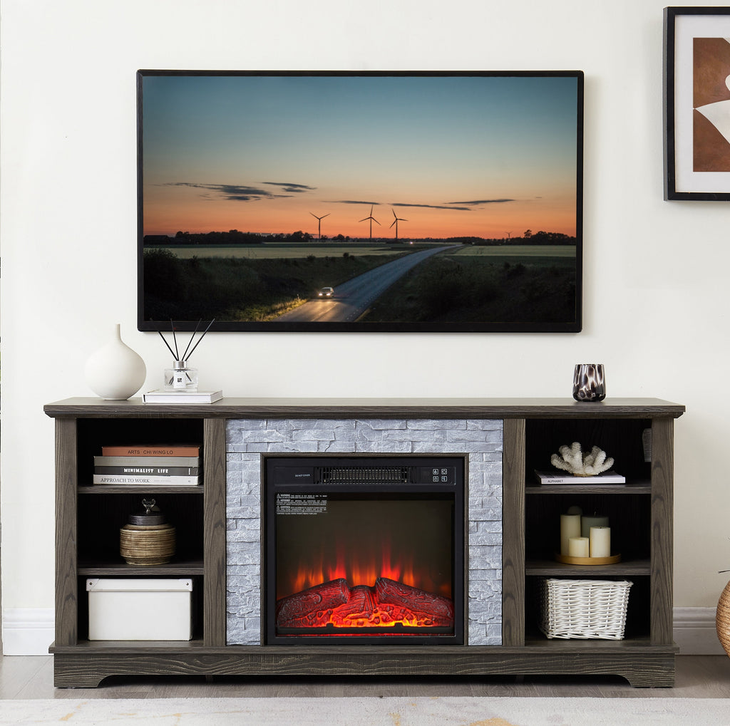 Mantel Electric Fireplace Stone TV Media Stand with Faux Stacked Stone Surround, Modern Entertainment Console with Open Storage Space with 18' Fireplace Insert ,Grey, 58.31'W*15.39'D*26.06'H