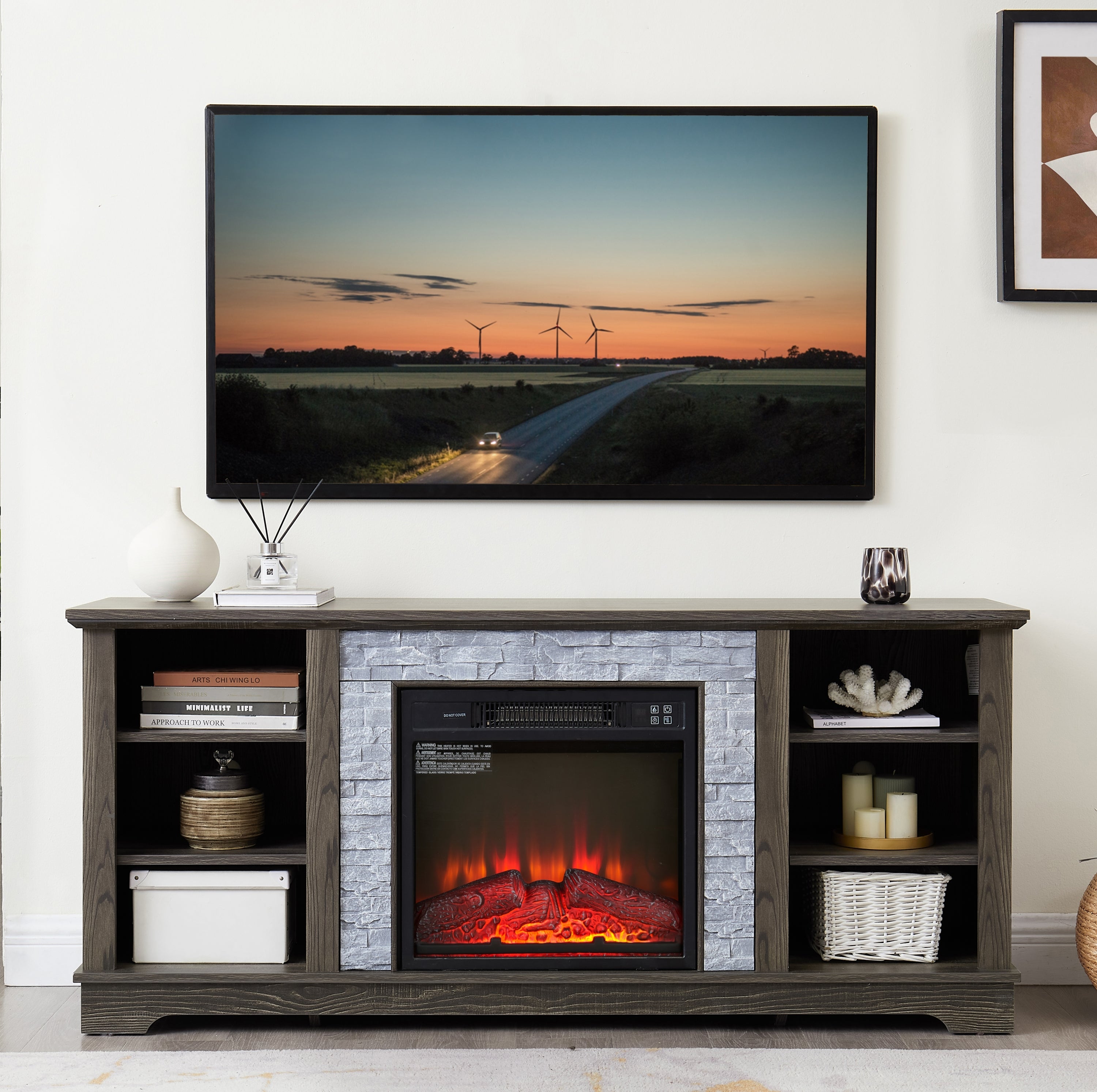 Mantel Electric Fireplace Stone TV Media Stand with Faux Stacked Stone Surround, Modern Entertainment Console with Open Storage Space with 18' Fireplace Insert ,Grey, 58.31'W*15.39'D*26.06'H