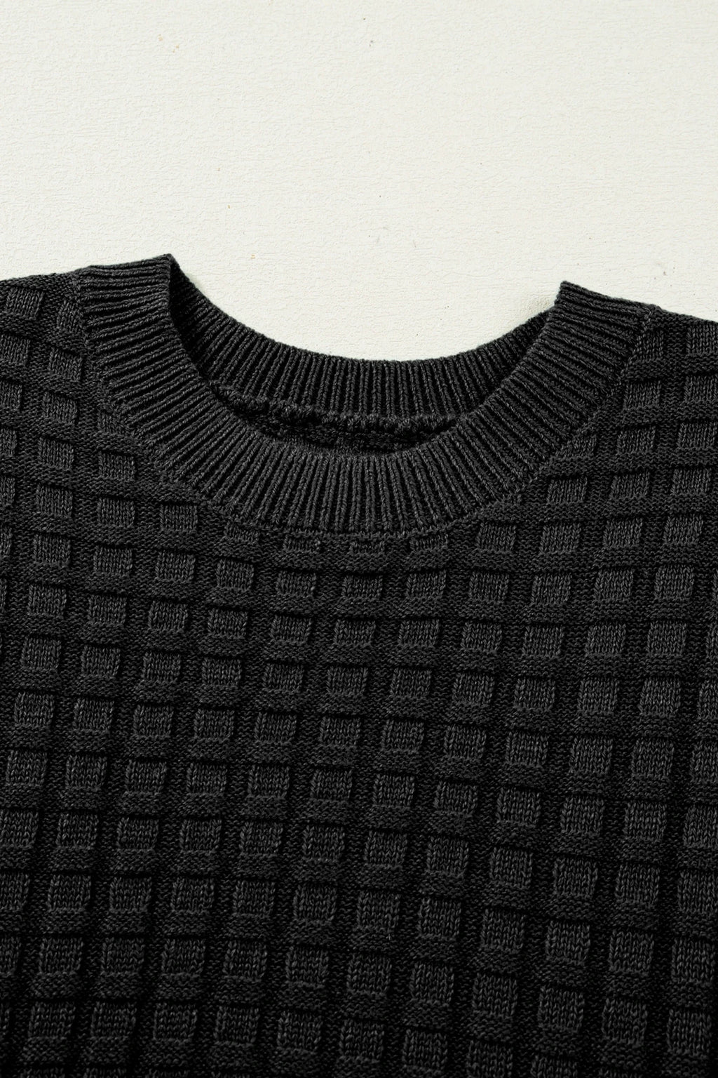 Solid Textured Round Neck Short Sleeve Sweater