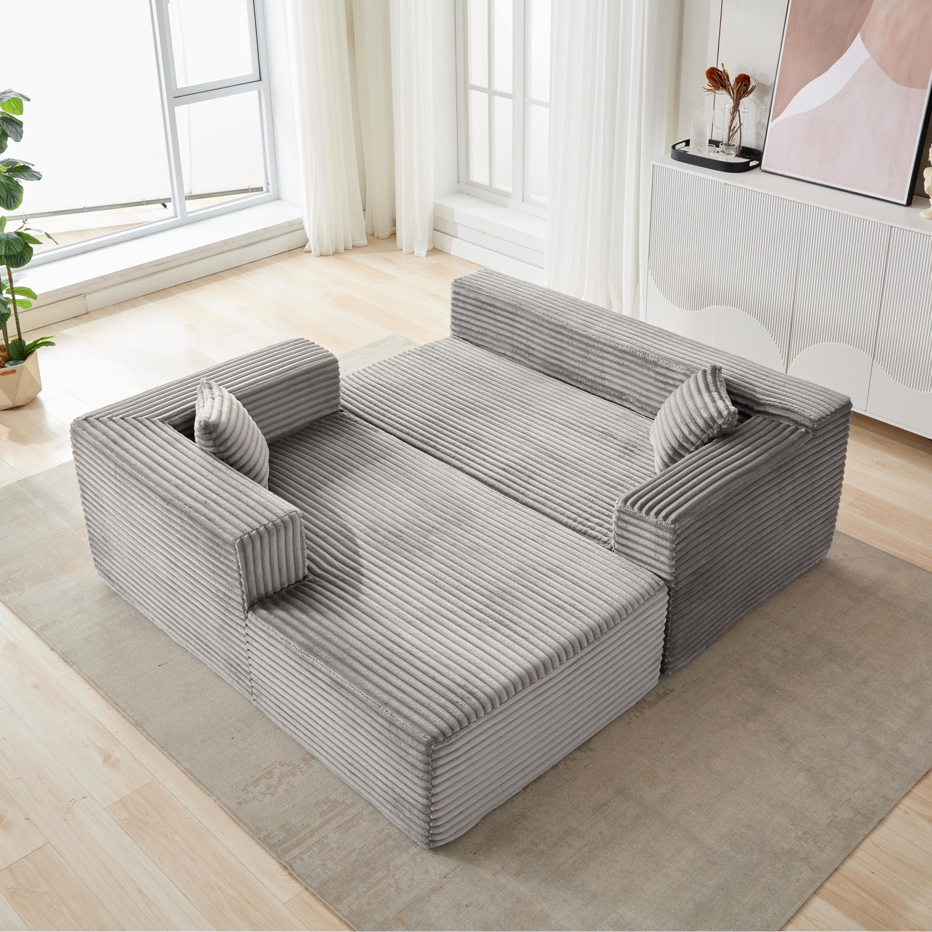 Compression Sectional Couch with Comfy Chaise, Boneless L Shape Sofa with Deep Seat, Minimalist Modular Couches Sleeper for Living Room Bedroom Apartment Lounge,corduroy,Grey