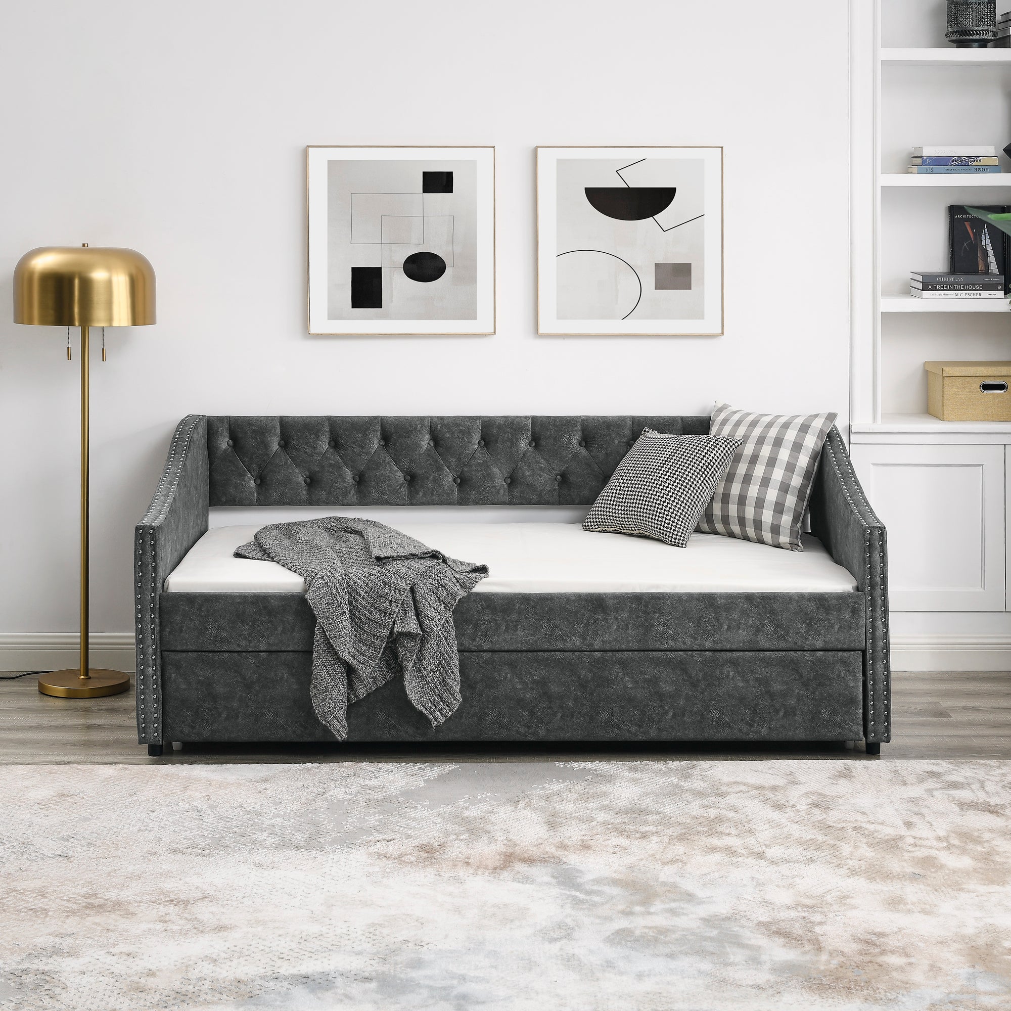 Twin Size Daybed with Twin Size Trundle Upholstered Tufted Sofa Bed, with Button on Back and Copper Nail on Waved Shape Arms, Grey (80.5'x41'x30.5')