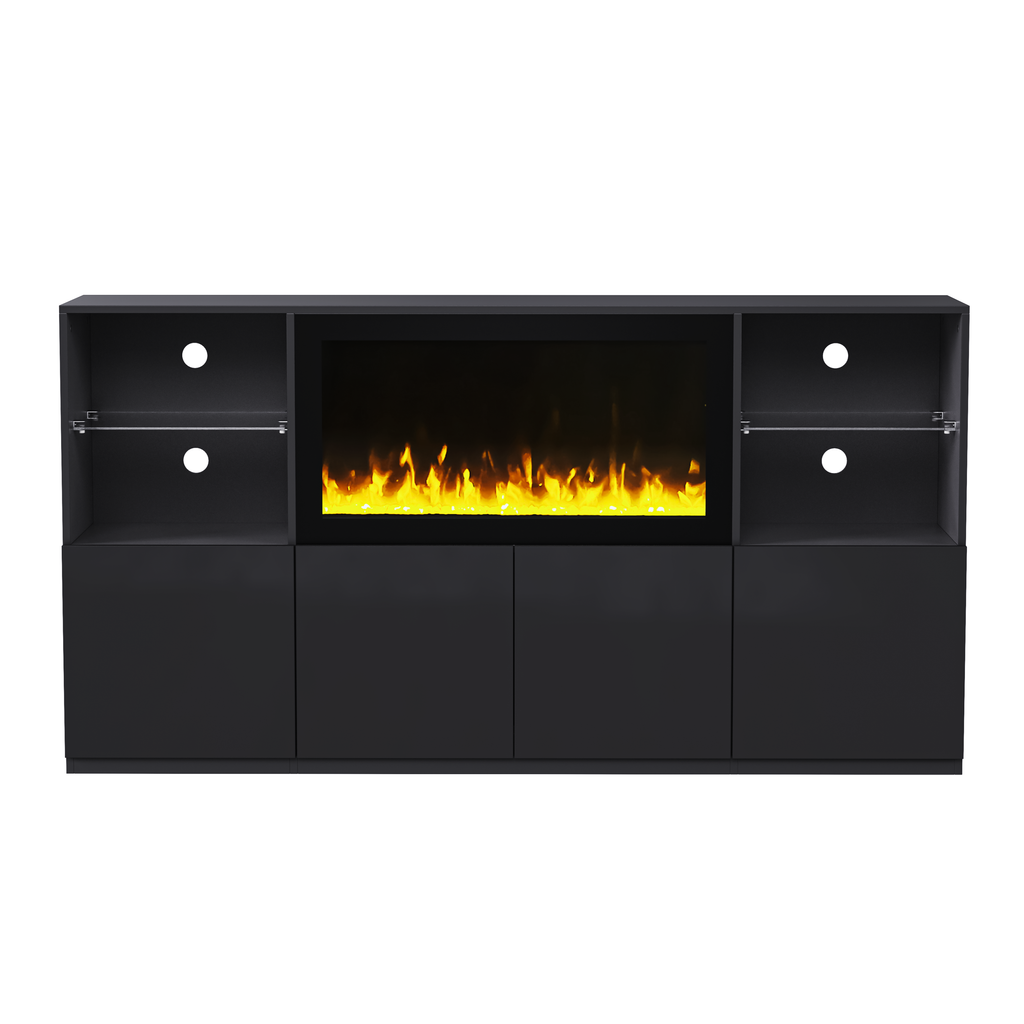 ON-TREND High Gloss TV Stand with 34.2' Non-heating Electric Fireplace, Modern Entertainment Center with LED Light, Media Console with Tempered Glass Shelves for TVs up to 75', Living Room, Black