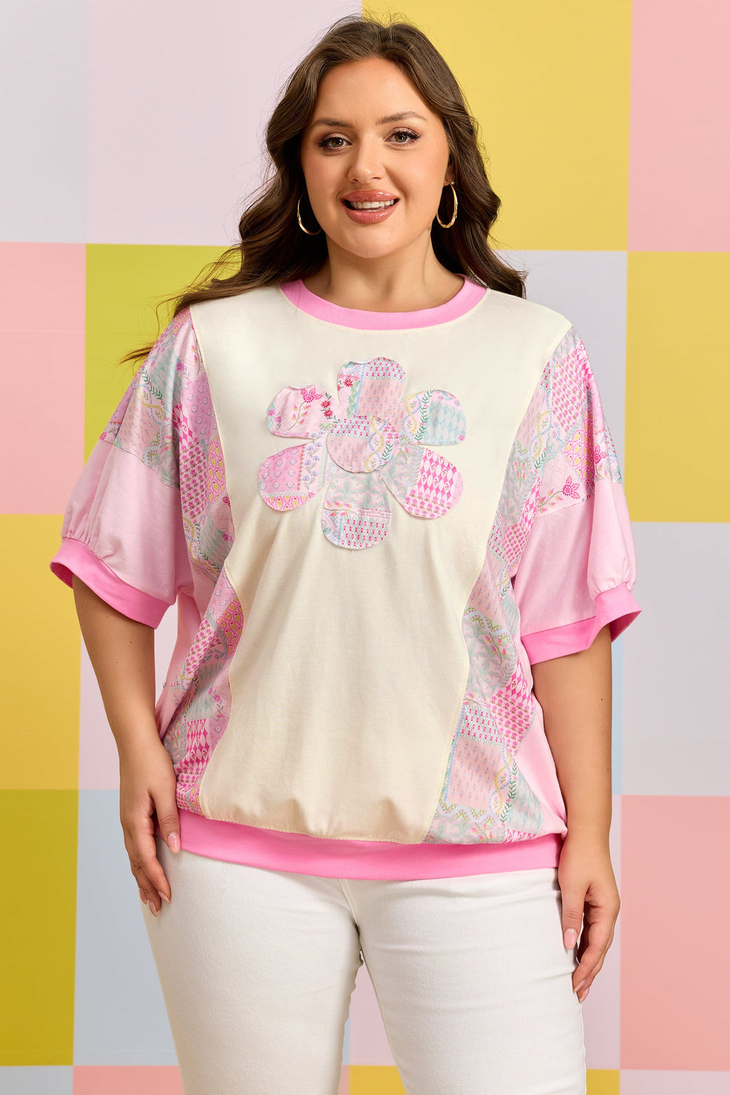 Plus Size Floral Patchwork Embroidered T-Shirt