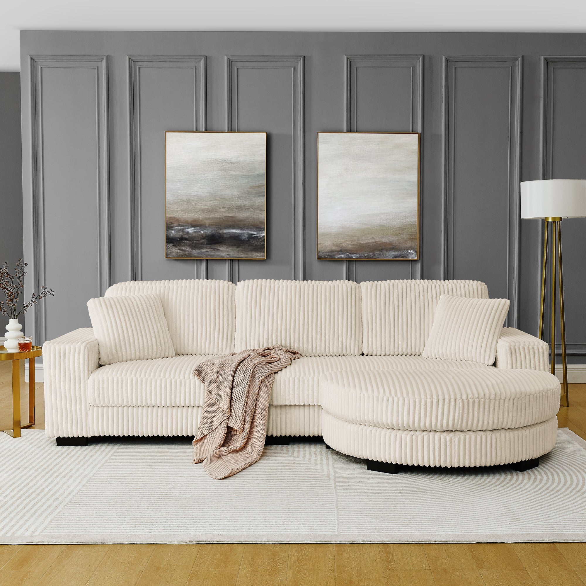 Corduroy Tufted Upholstered Sleeper Sectional Sofa, L-Shaped Modular Convertible Sofa ,The arc-shaped footstool can be placed freely on the left and right-Beige