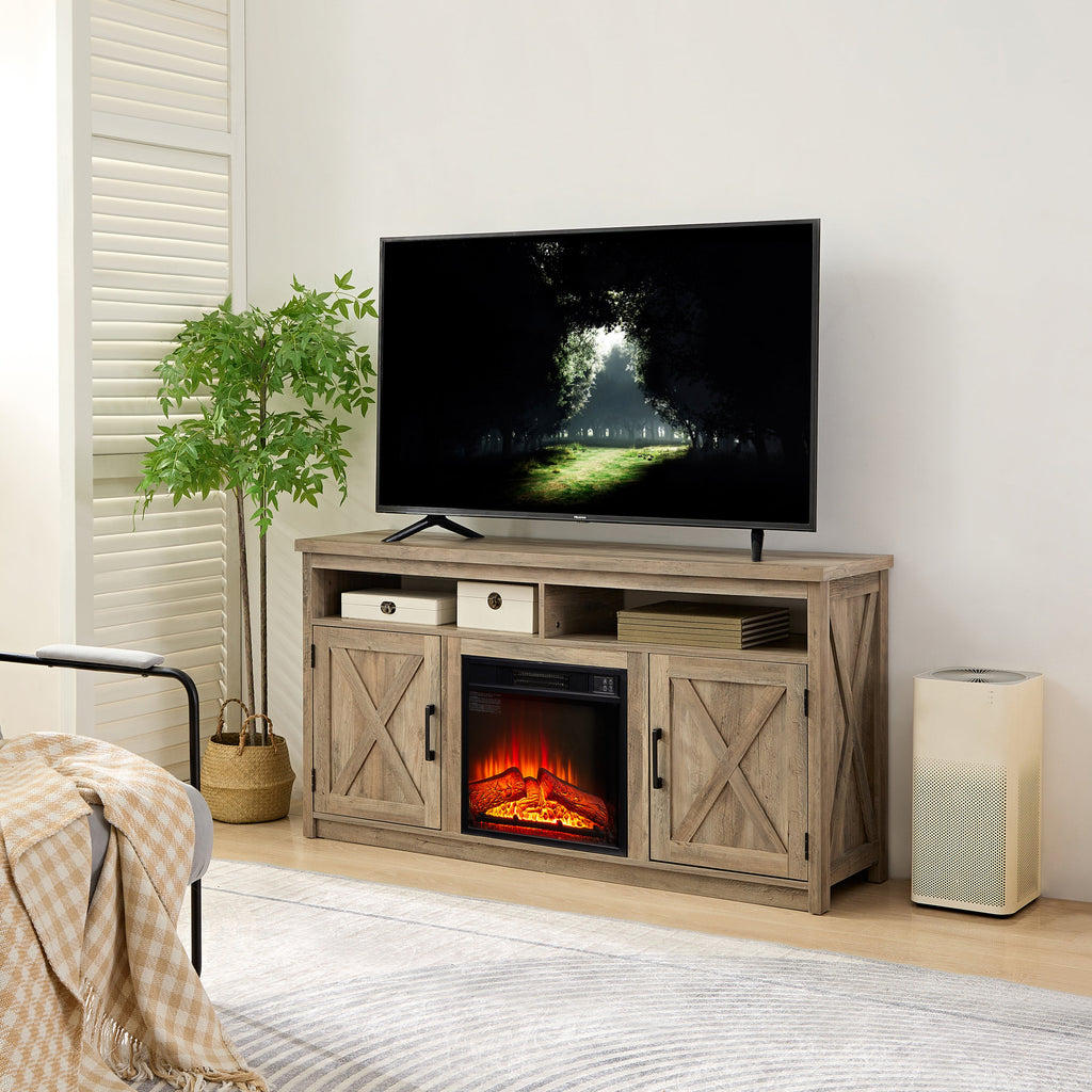 Farmhouse TV Media Stand, Large Barn Inspired Home Entertainment Console, with 18' Fireplace Insert, for TV Up to 65'', with Open Shelves and Closed Cabinets, Gray Wash 57.87*15.75*30.31