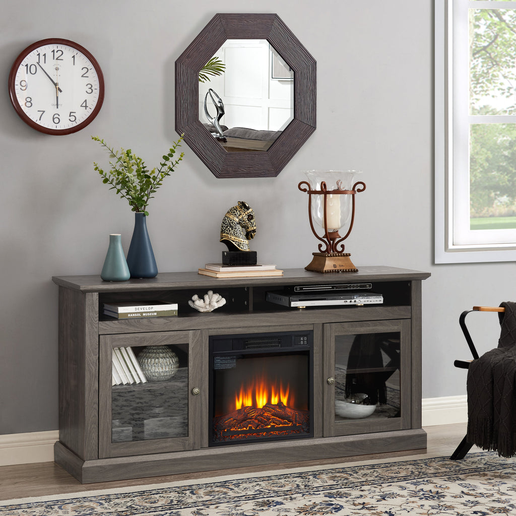 Retro TV Stand for 65'' TV, TV Console Cabinet with Storage, Open Shelves Entertainment Center with 18' Fireplace Insert  for Living Room Dark Walnut 60'W*15.75'D*29'H