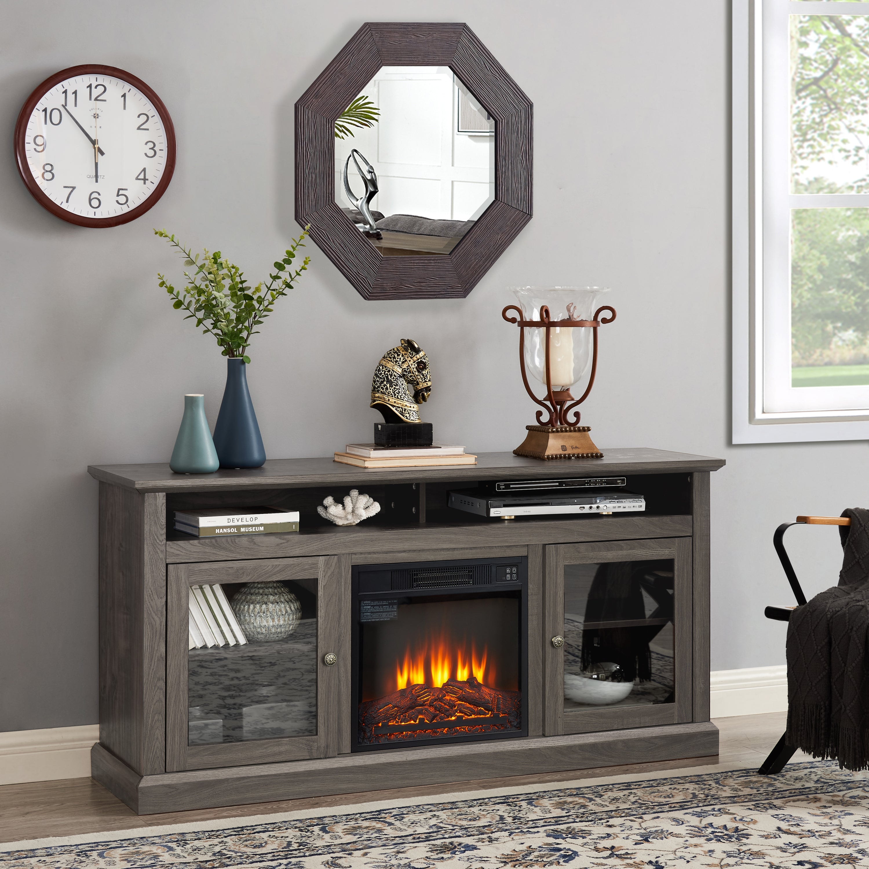 Retro TV Stand for 65'' TV, TV Console Cabinet with Storage, Open Shelves Entertainment Center with 18' Fireplace Insert  for Living Room Dark Walnut 60'W*15.75'D*29'H