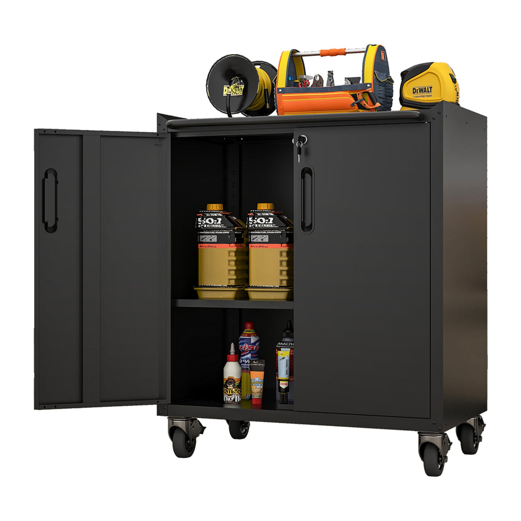 Heavy-Duty Metal Garage Storage Cabinet with Wheels - Sturdy Tool Storage Solution in Black Steel, 29.53x17.72x34.65 inches