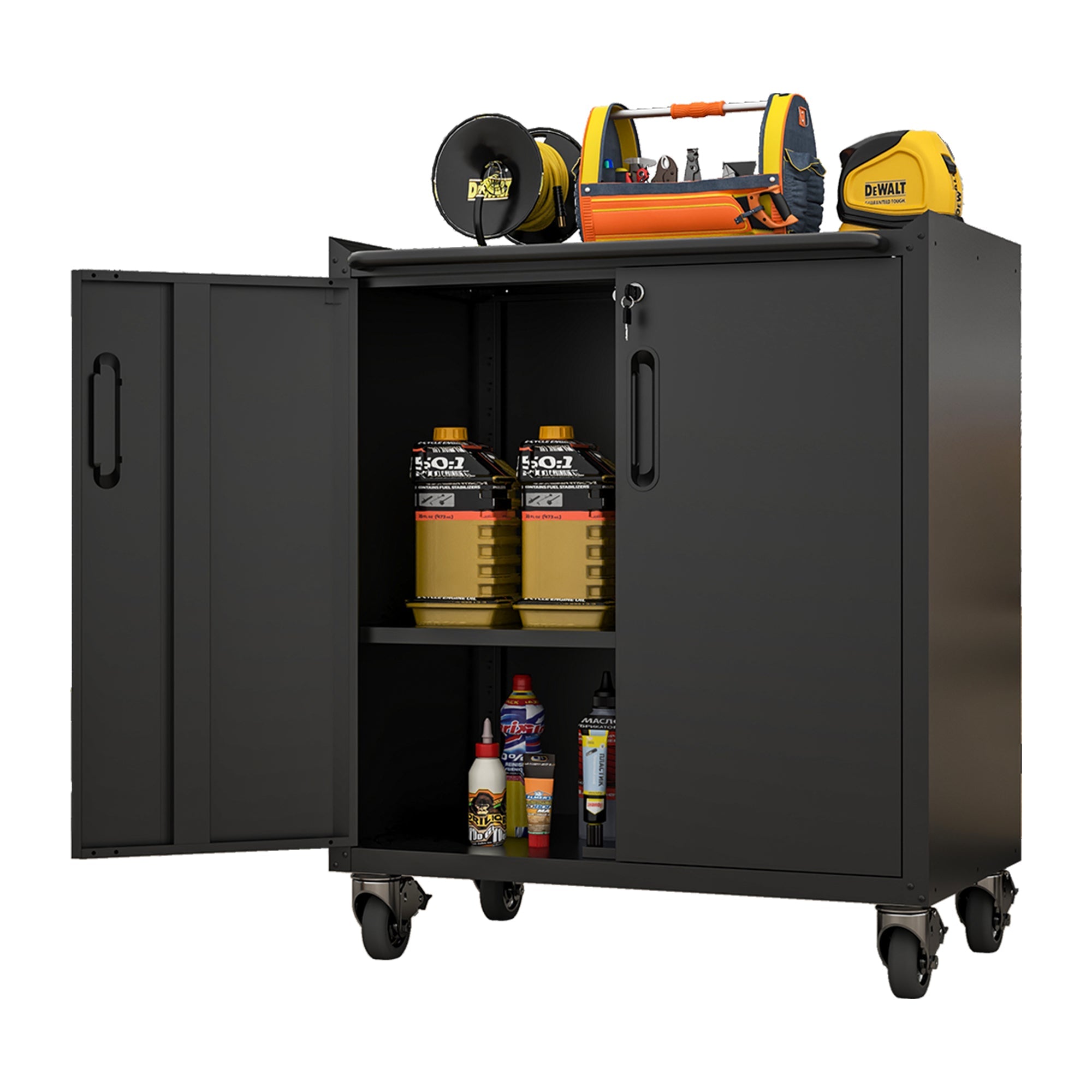 Heavy-Duty Metal Garage Storage Cabinet with Wheels - Sturdy Tool Storage Solution in Black Steel, 29.53x17.72x34.65 inches
