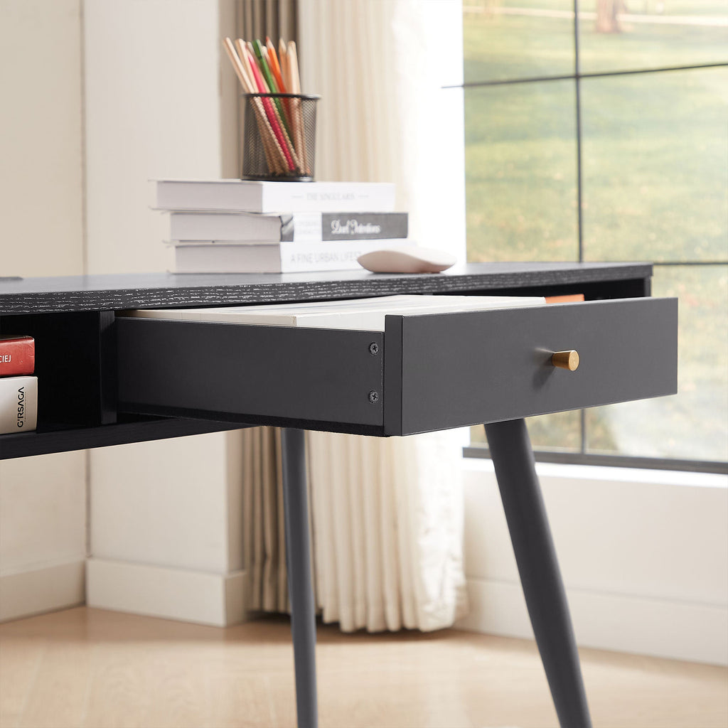 Mid Century Desk with USB Ports and Power Outlet, Modern Writing Study Desk with Drawers, Multifunctional Home Office Computer Desk Black